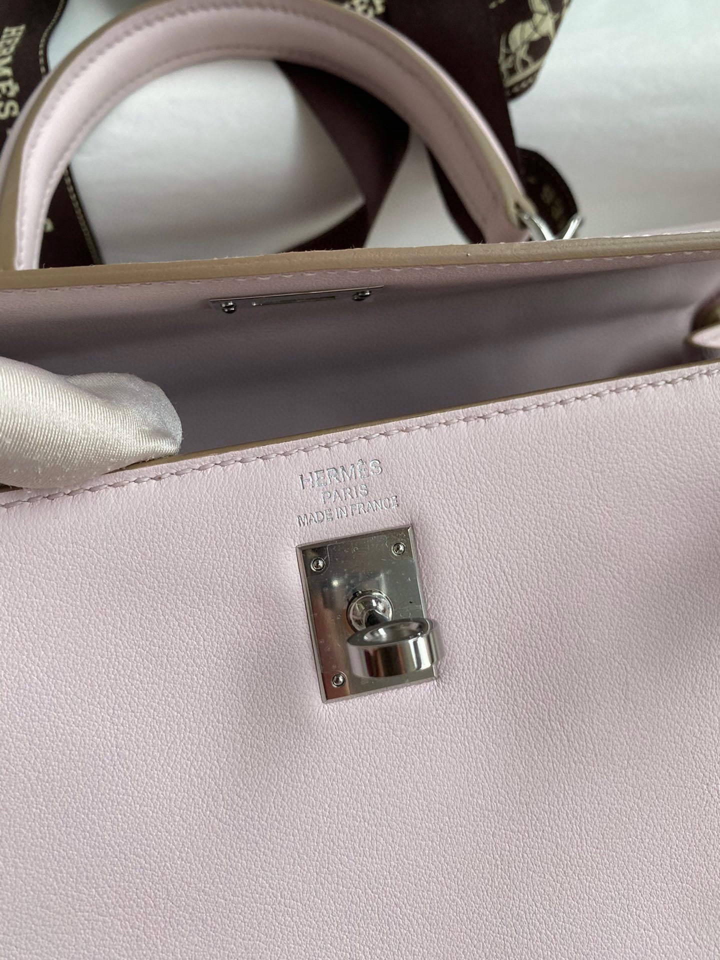 H**mes kelly retourne 25 handmade bag in mauve pale swift calfskin