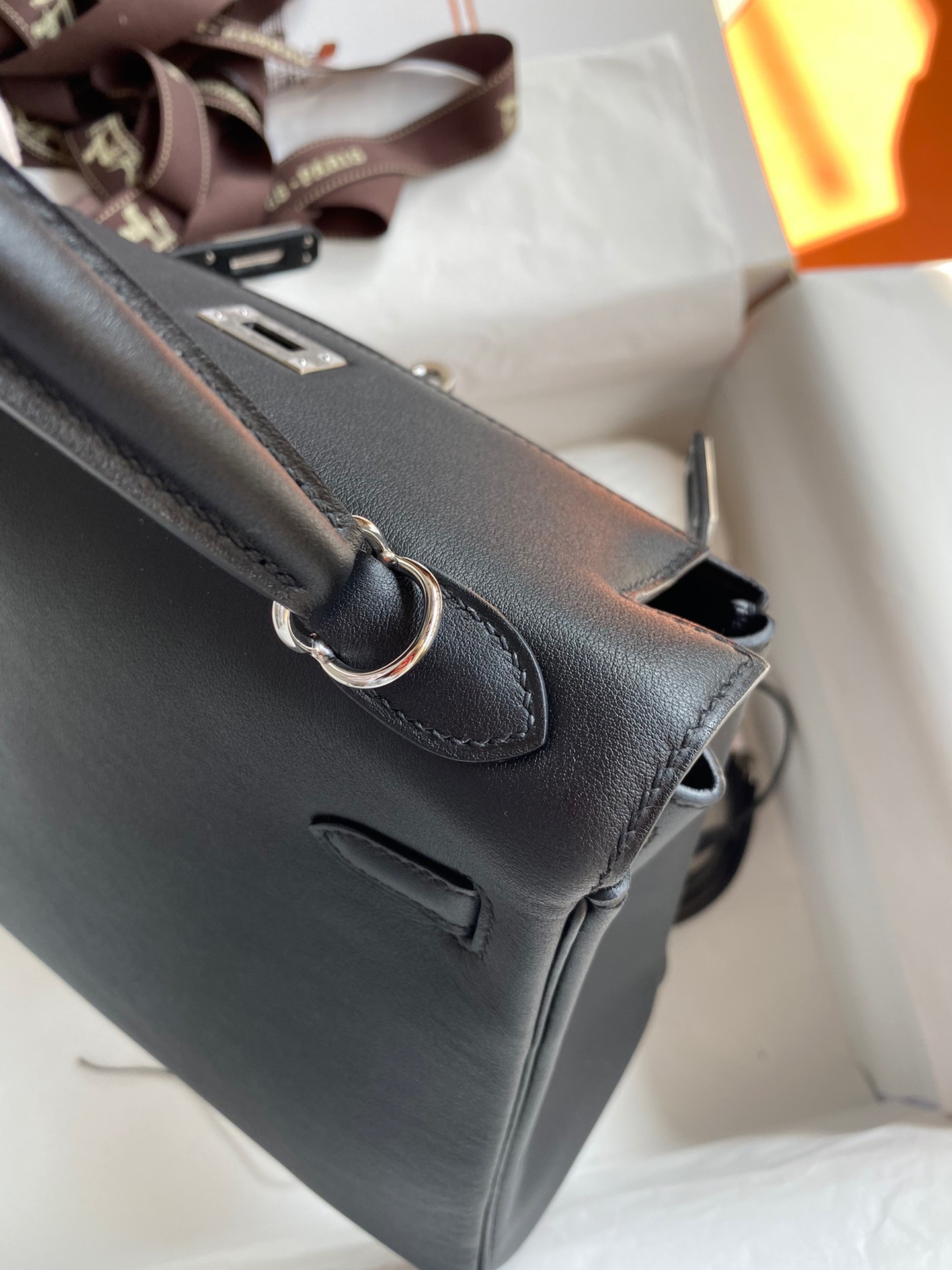 H**mes kelly retourne 25 handmade bag in black swift calfskin
