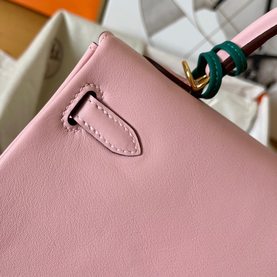 H**mes kelly retourne 25 handmade bag in pink swift calfskin