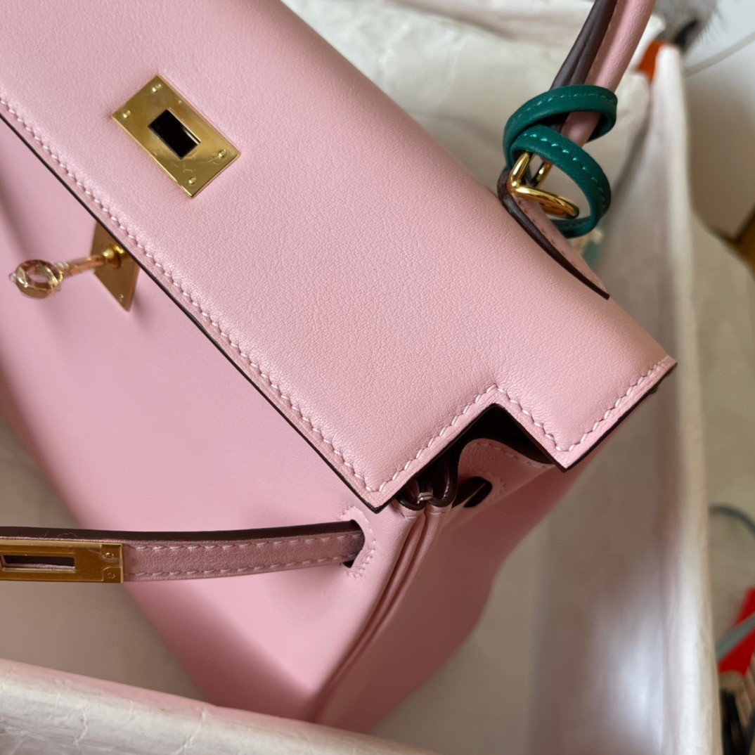 H**mes kelly retourne 25 handmade bag in pink swift calfskin