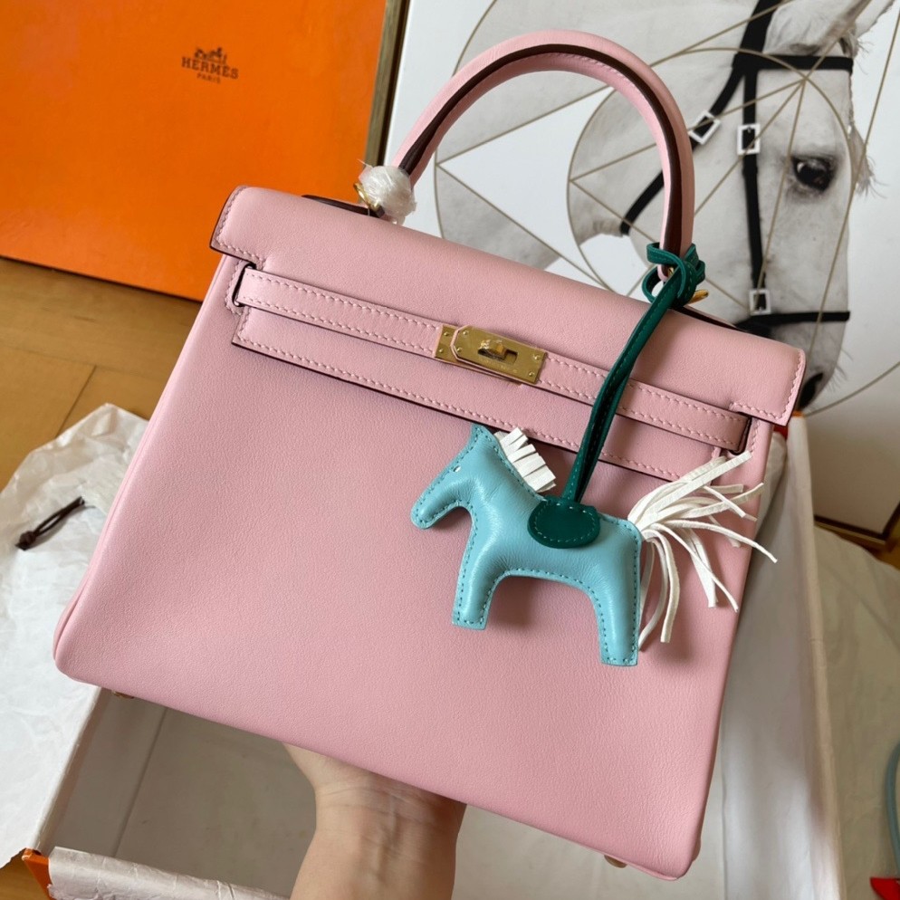 H**mes kelly retourne 25 handmade bag in pink swift calfskin