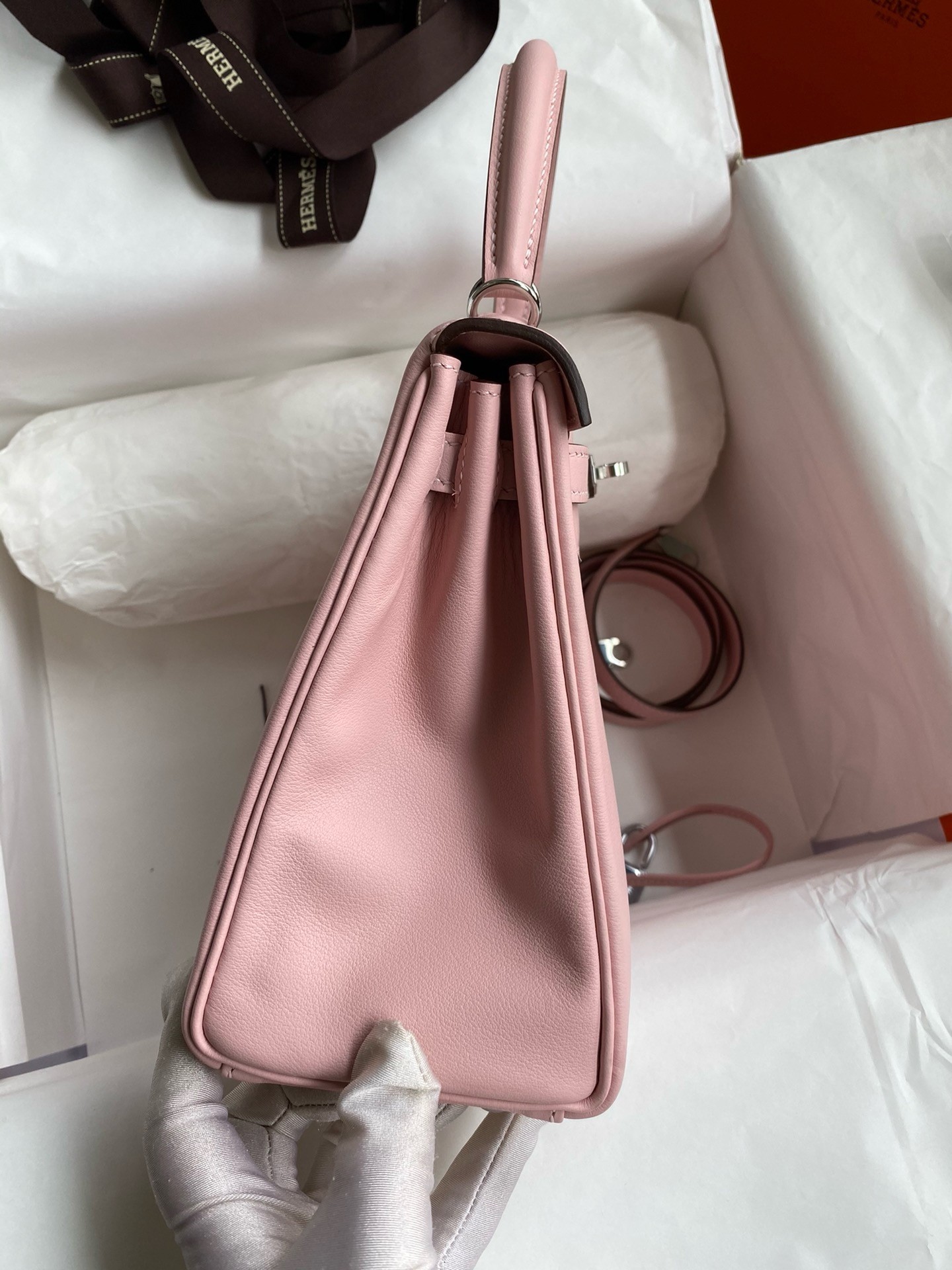 H**mes kelly retourne 25 handmade bag in rose sakura swift calfskin