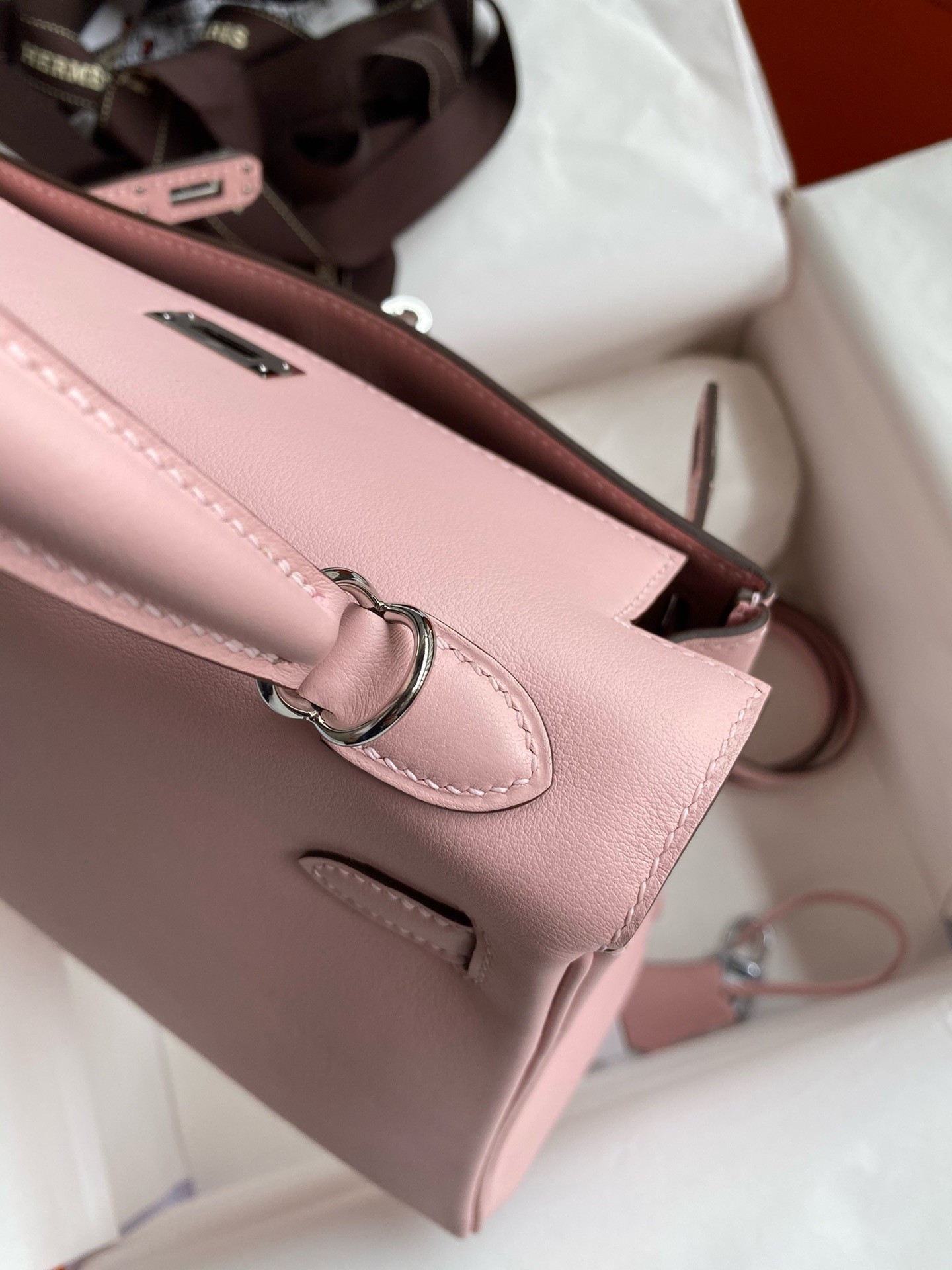 H**mes kelly retourne 25 handmade bag in rose sakura swift calfskin