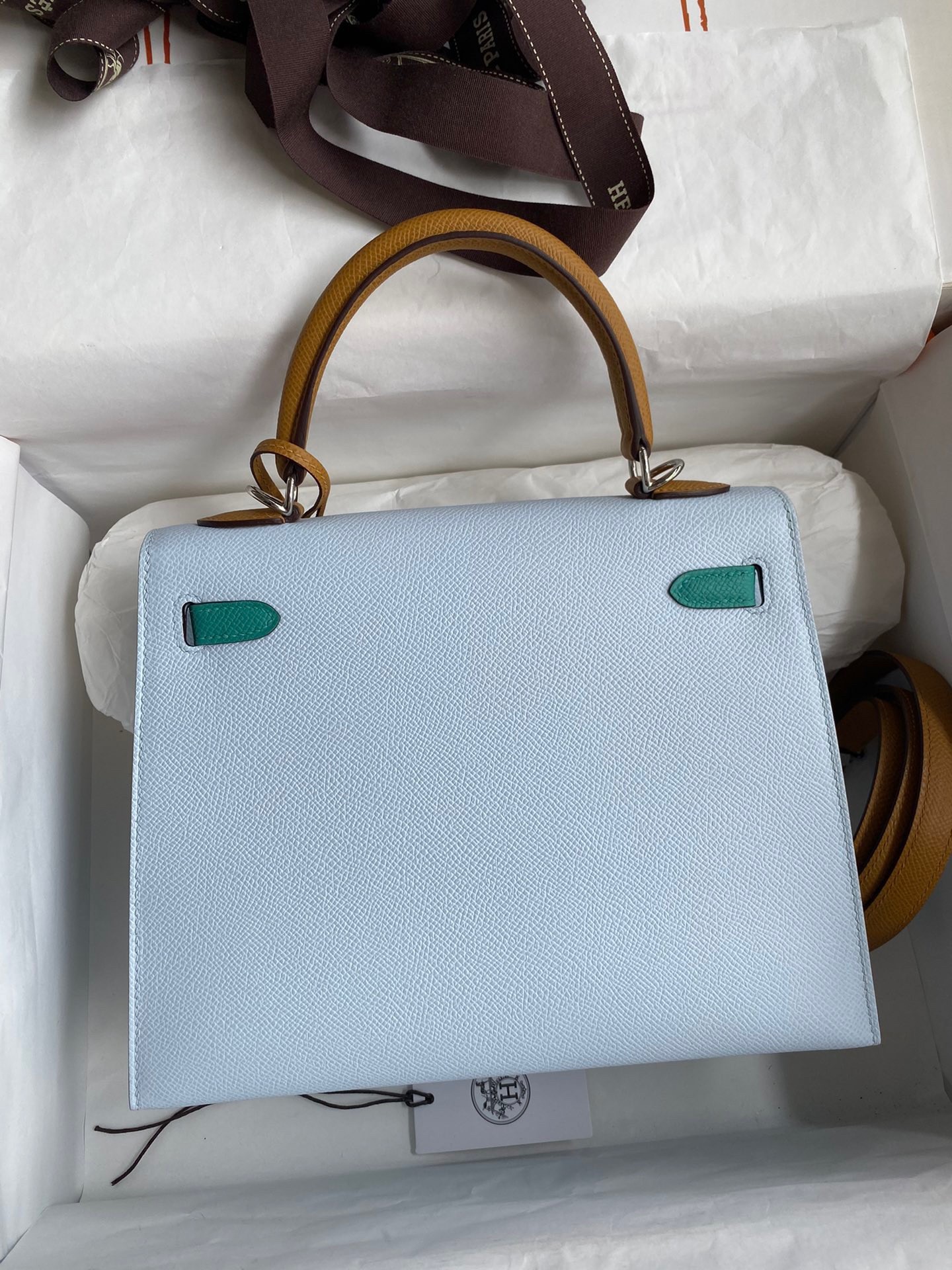 H**mes kelly sellier 25 tricolor bag in blue/green/sesameepsom calfskin