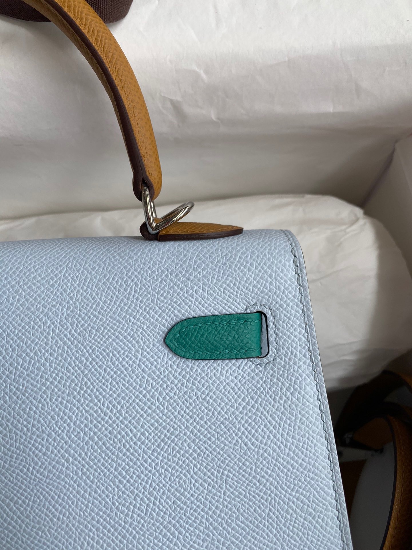 H**mes kelly sellier 25 tricolor bag in blue/green/sesameepsom calfskin