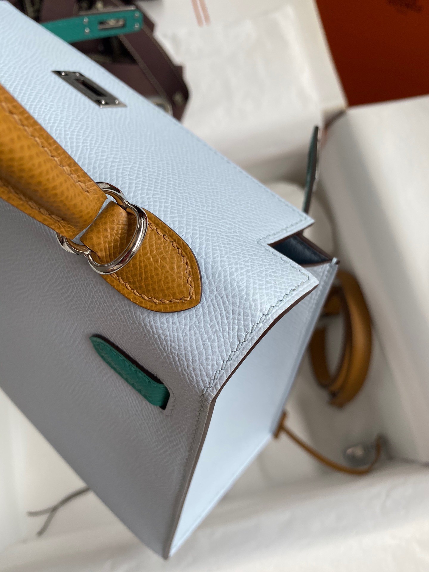 H**mes kelly sellier 25 tricolor bag in blue/green/sesameepsom calfskin