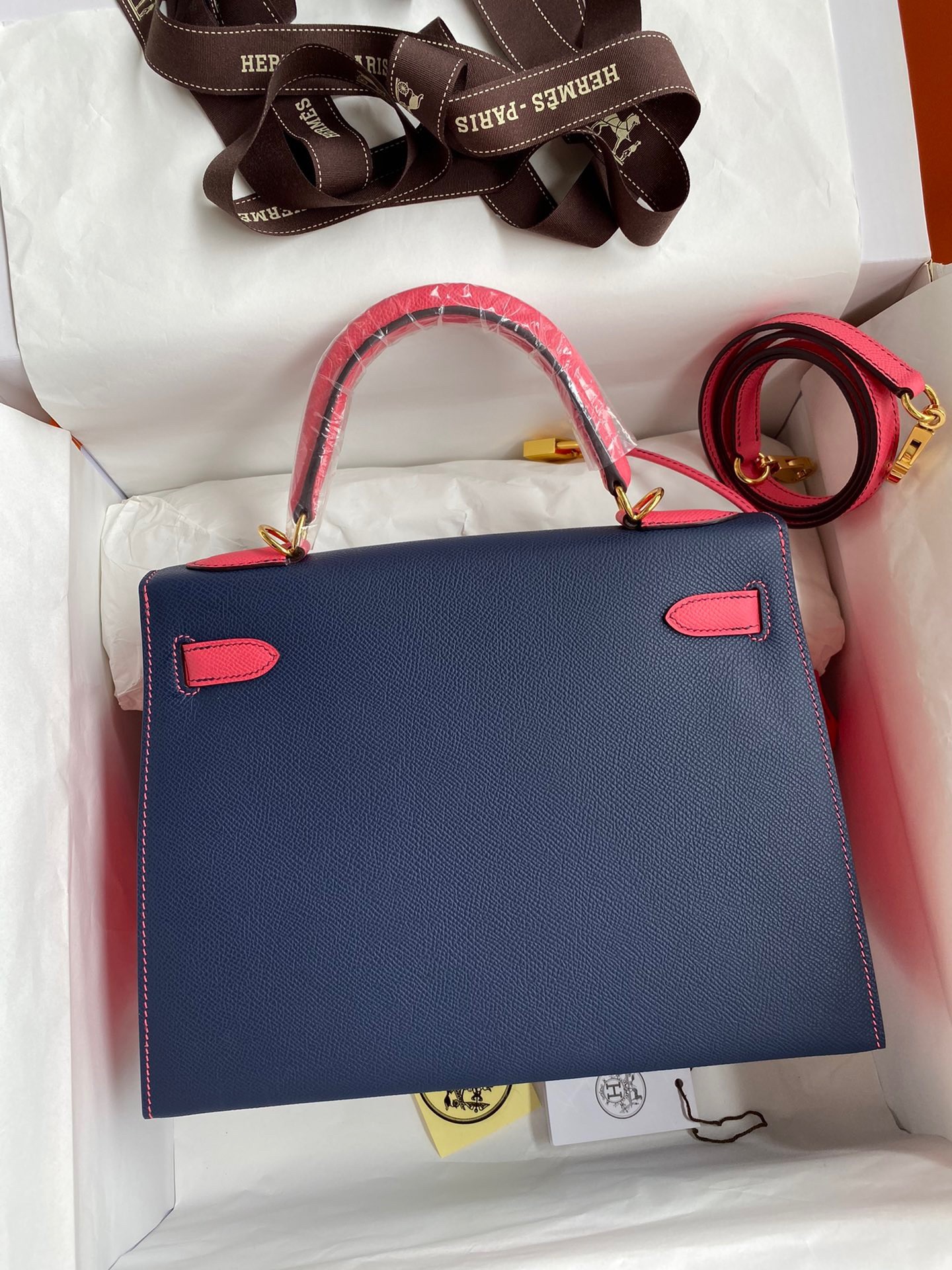 H**mes kelly sellier 28 bicolor bag in blue saphir and rose lipstick epsom calfskin