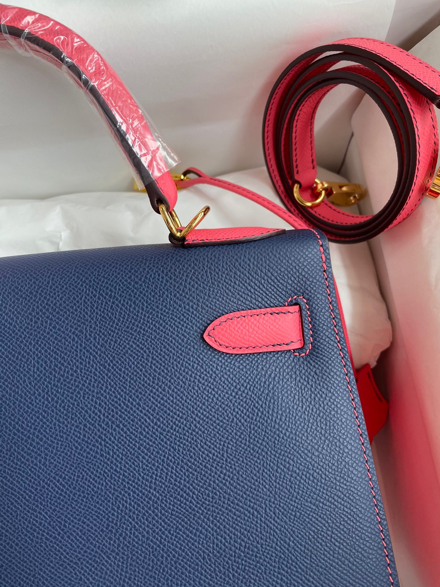 H**mes kelly sellier 28 bicolor bag in blue saphir and rose lipstick epsom calfskin