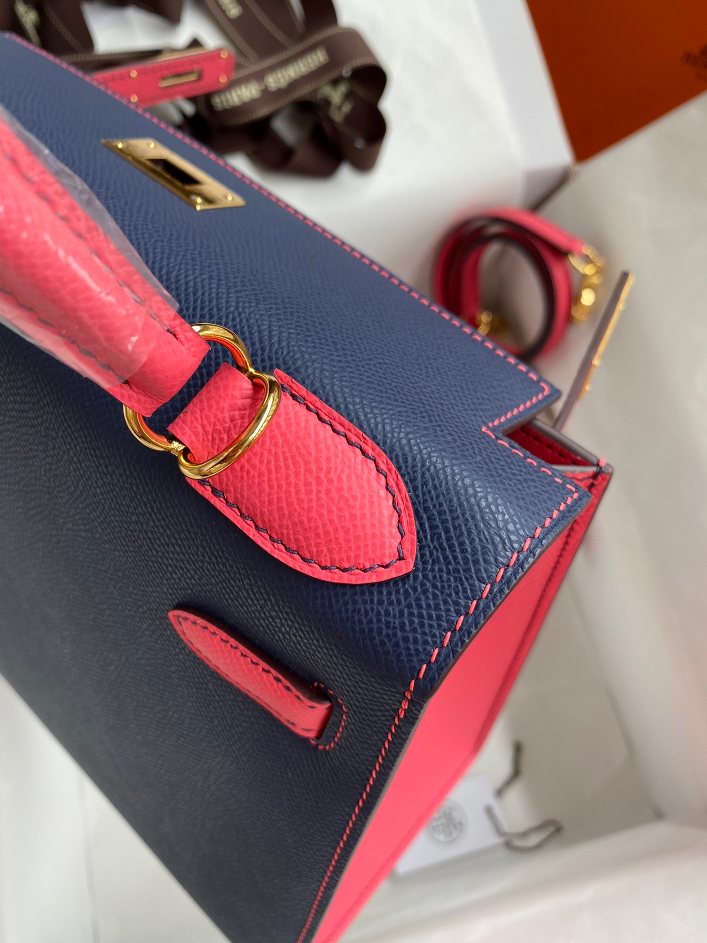 H**mes kelly sellier 28 bicolor bag in blue saphir and rose lipstick epsom calfskin