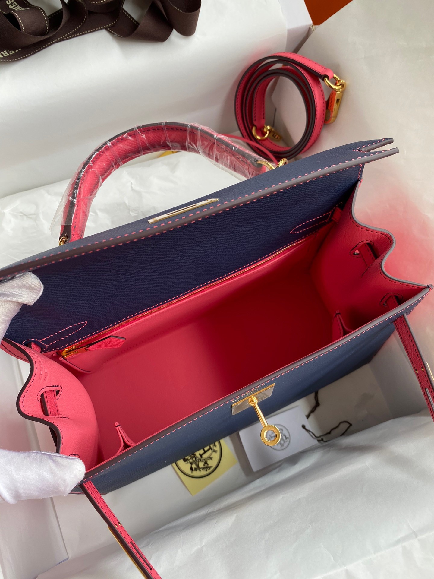 H**mes kelly sellier 28 bicolor bag in blue saphir and rose lipstick epsom calfskin