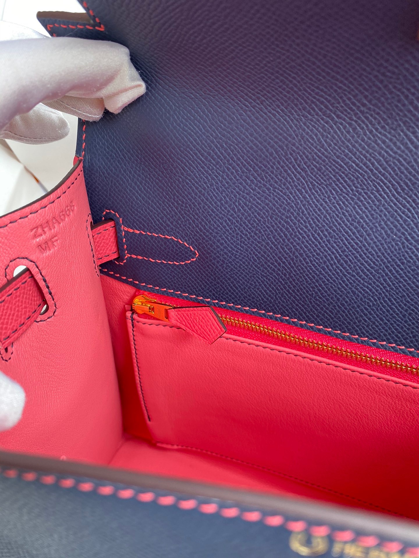 H**mes kelly sellier 28 bicolor bag in blue saphir and rose lipstick epsom calfskin