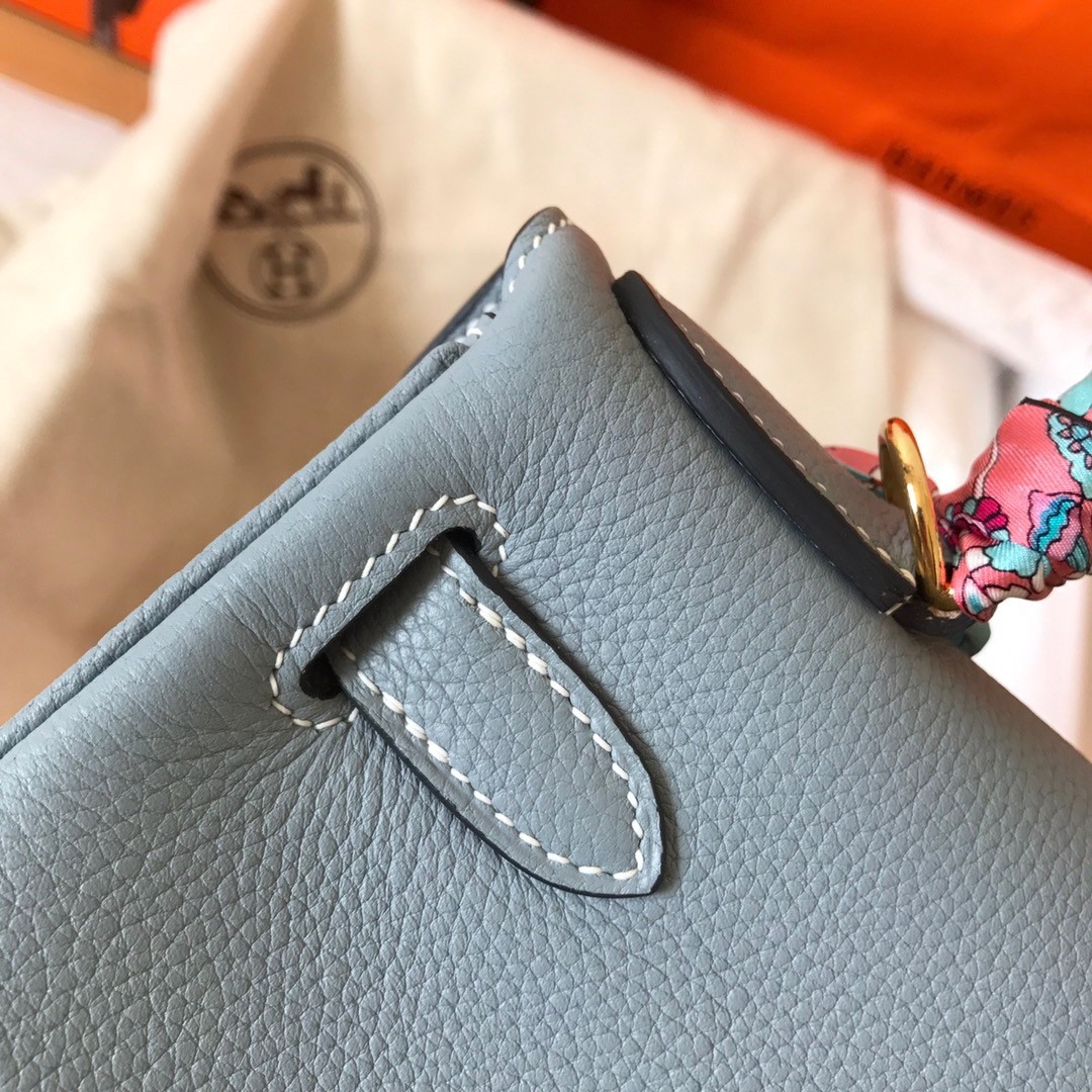 H**mes kelly retourne 28 handmade bag in blue lin clemence leather