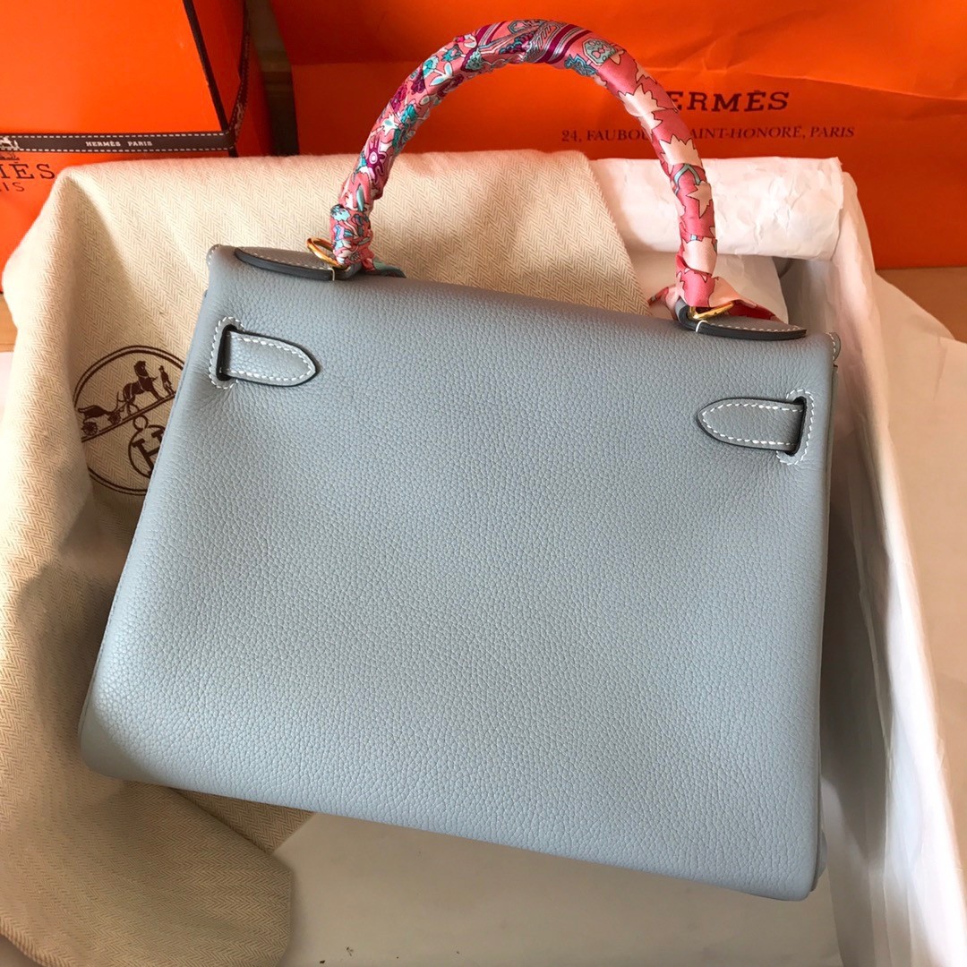 H**mes kelly retourne 28 handmade bag in blue lin clemence leather