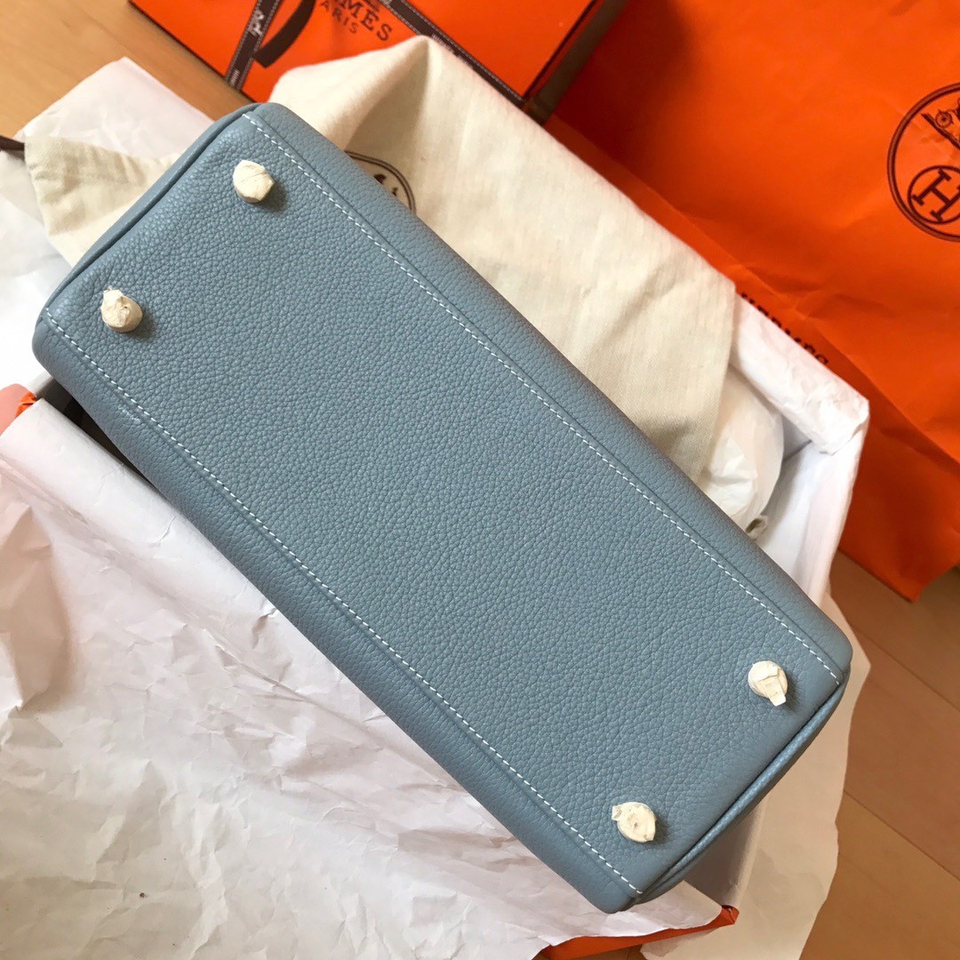 H**mes kelly retourne 28 handmade bag in blue lin clemence leather