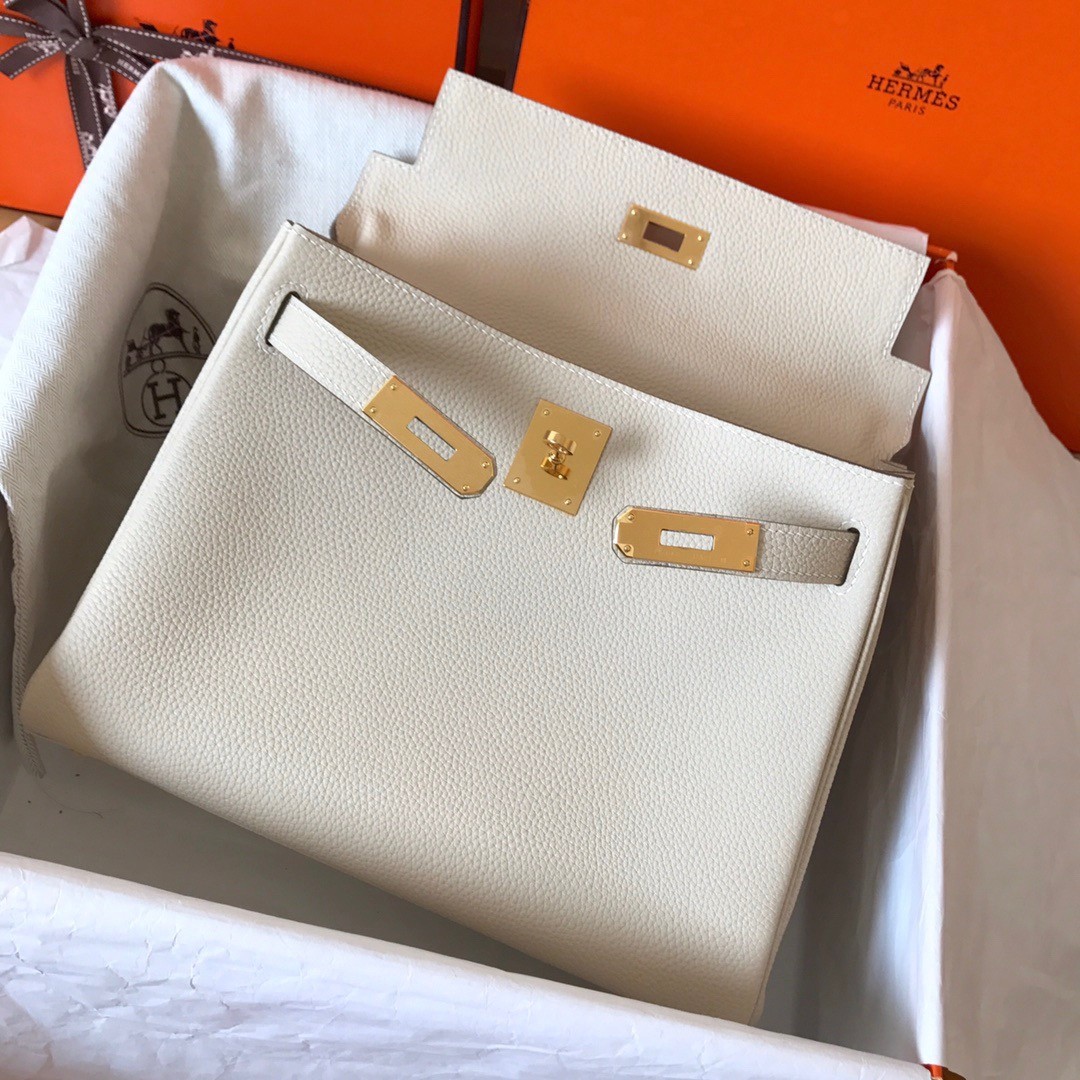 H**mes kelly retourne 28 handmade bag in craie clemence leather