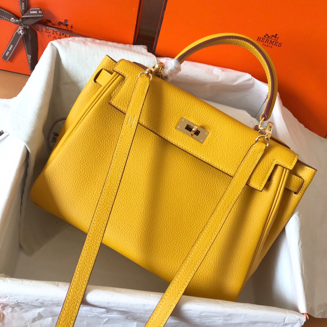 H**mes kelly retourne 28 handmade bag in jaune ambre clemence leather