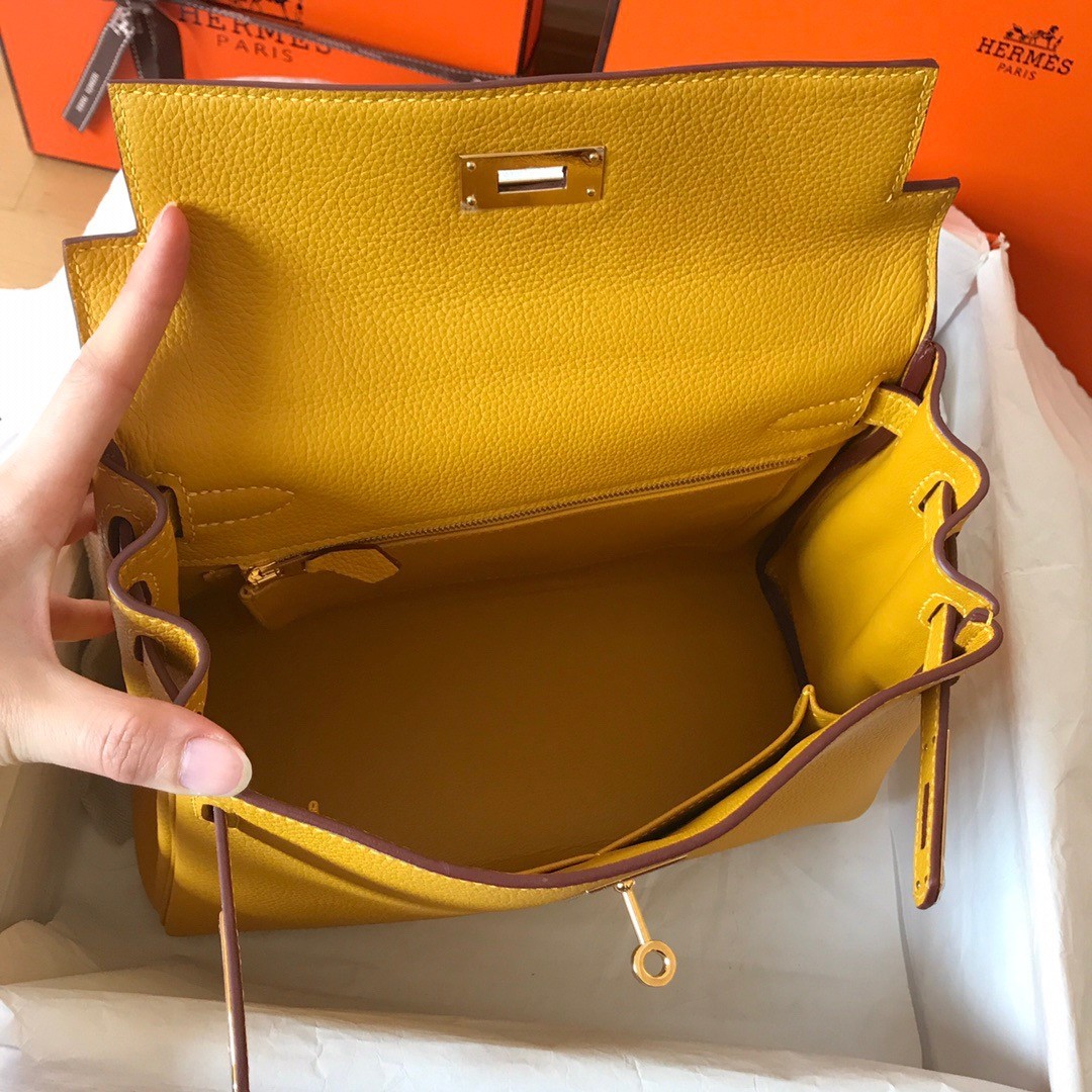 H**mes kelly retourne 28 handmade bag in jaune ambre clemence leather
