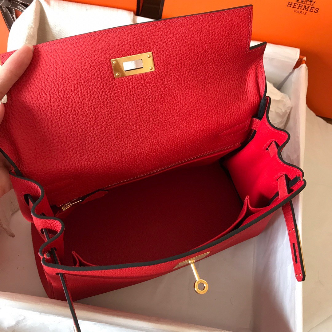H**mes kelly retourne 28 handmade bag in red clemence leather