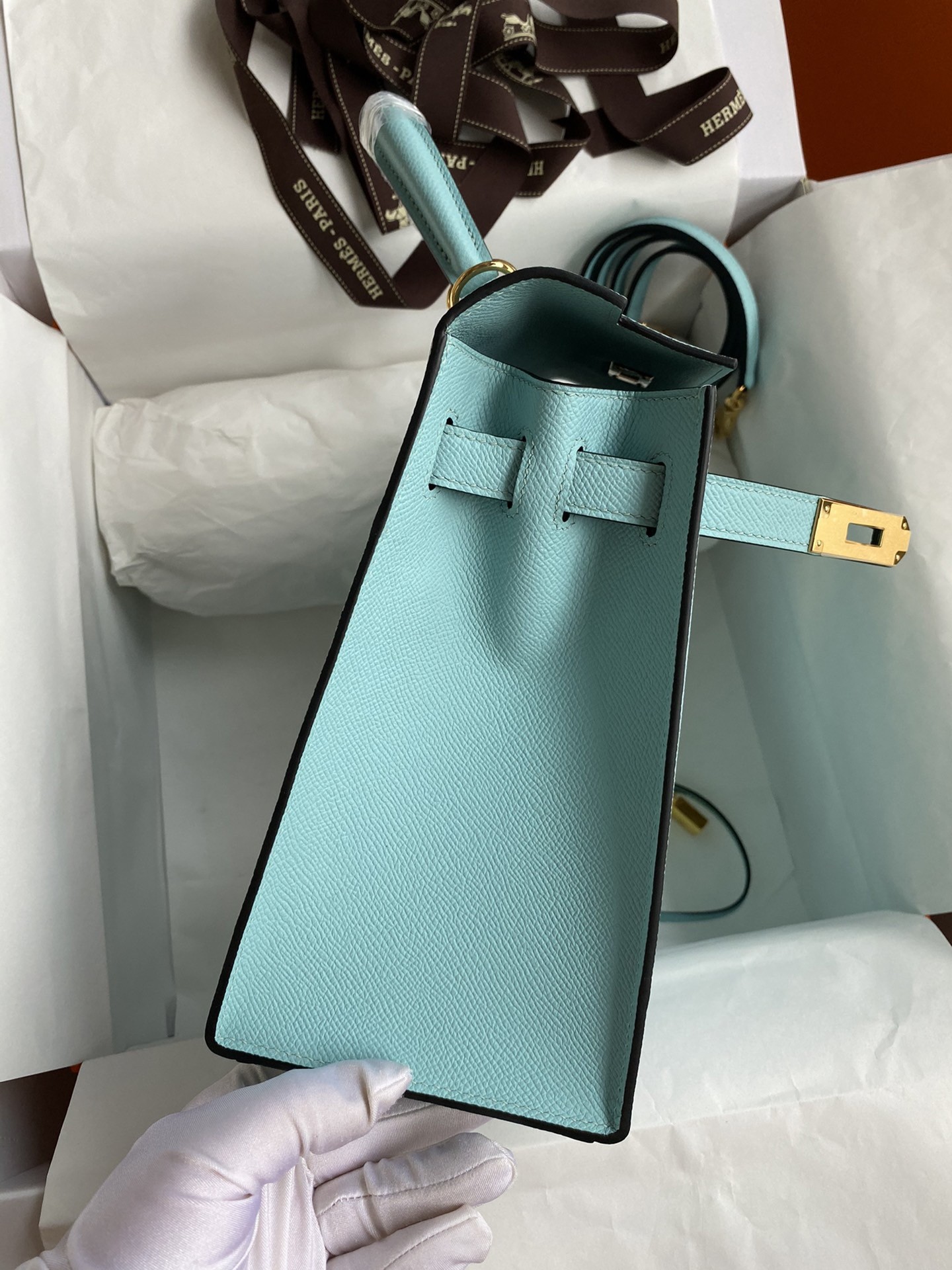 H**mes kelly sellier 28 handmade bag in blue atoll epsom calfskin