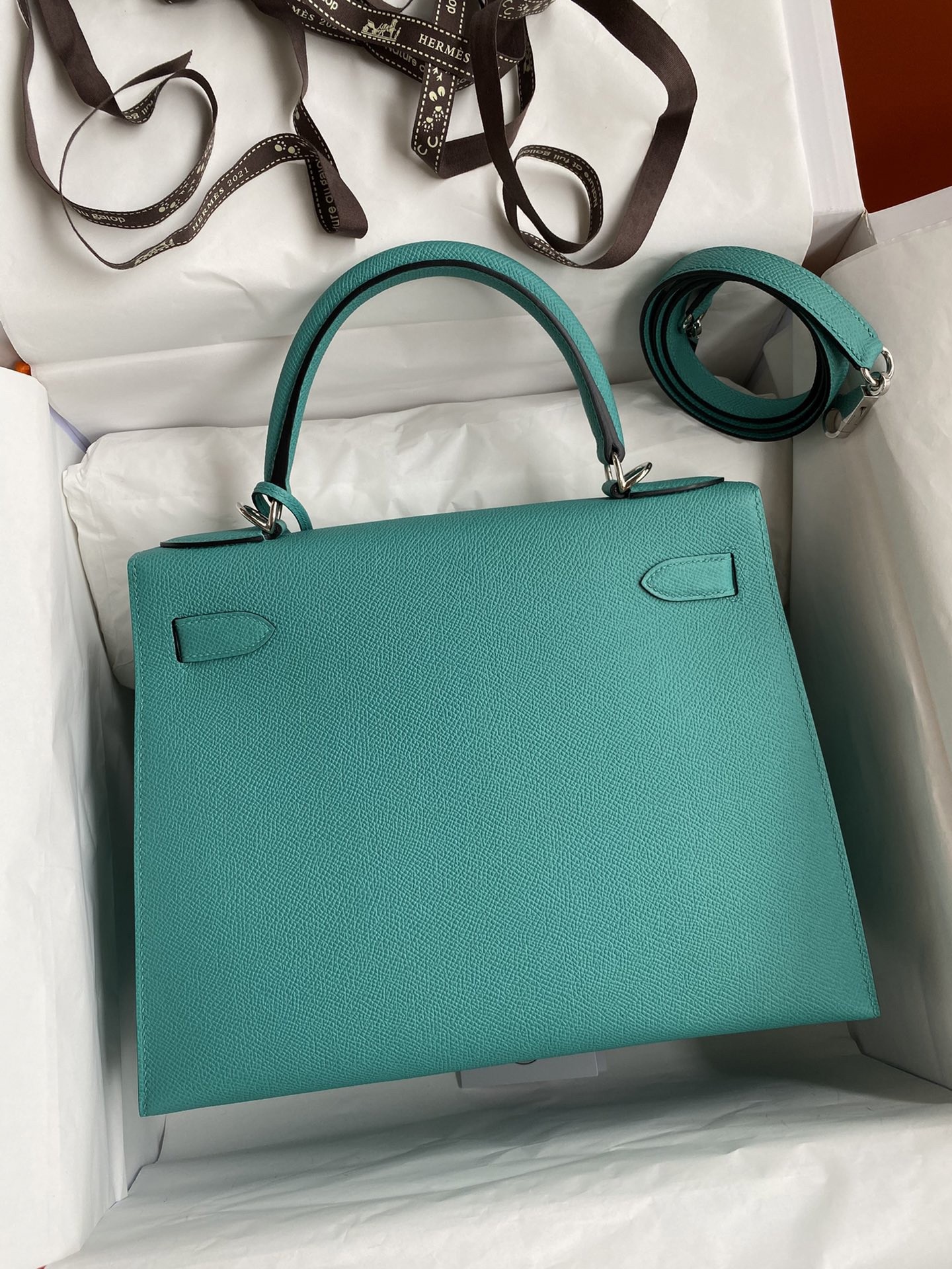 H**mes kelly sellier 28 handmade bag in blue paon epsom calfskin