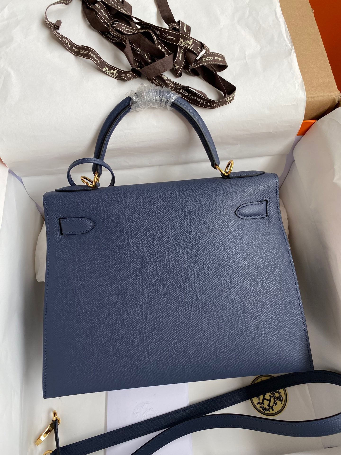 H**mes kelly sellier 28 handmade bag in blue saphir epsom calfskin