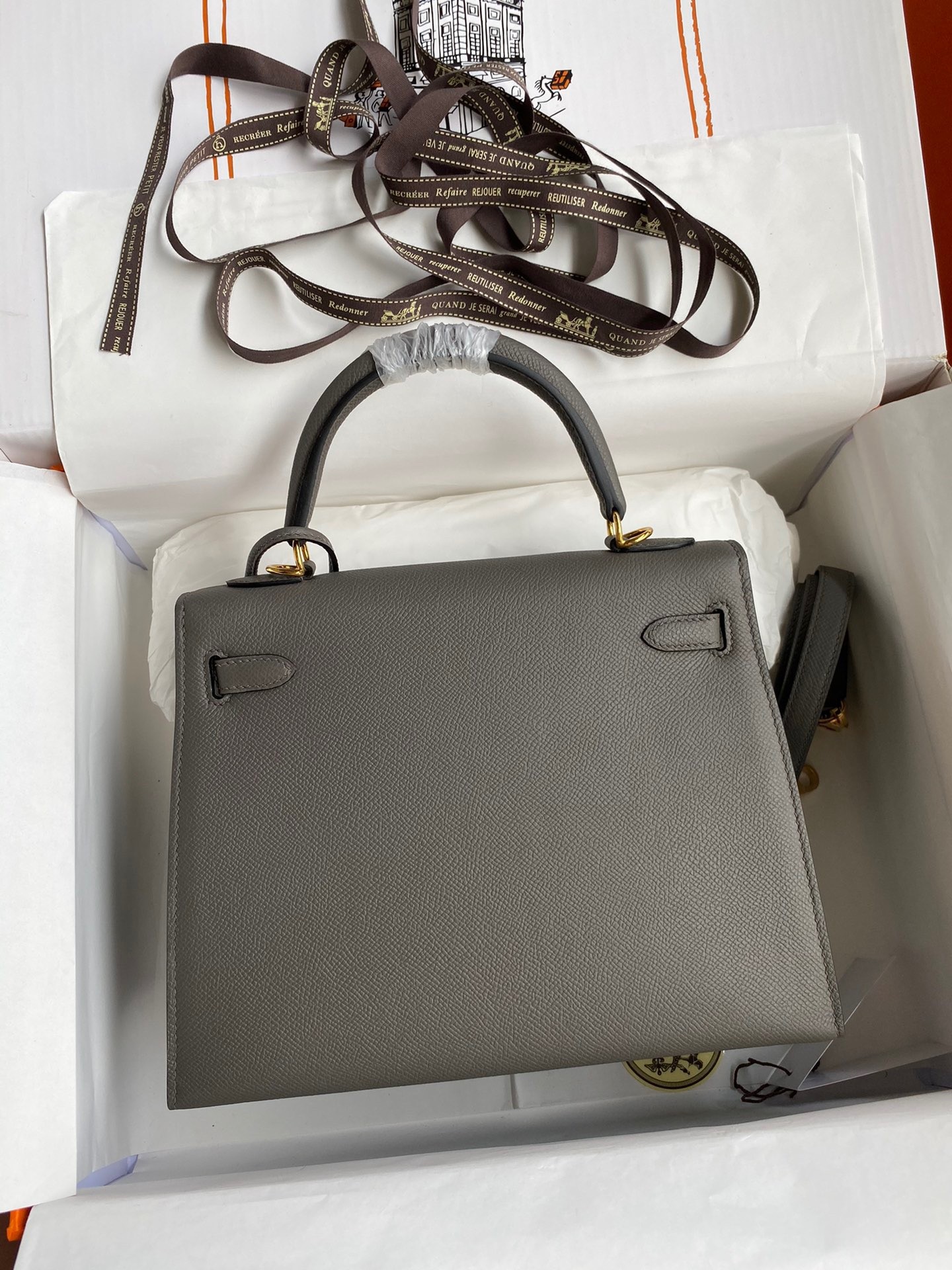 H**mes kelly sellier 28 handmade bag in etain epsom calfskin
