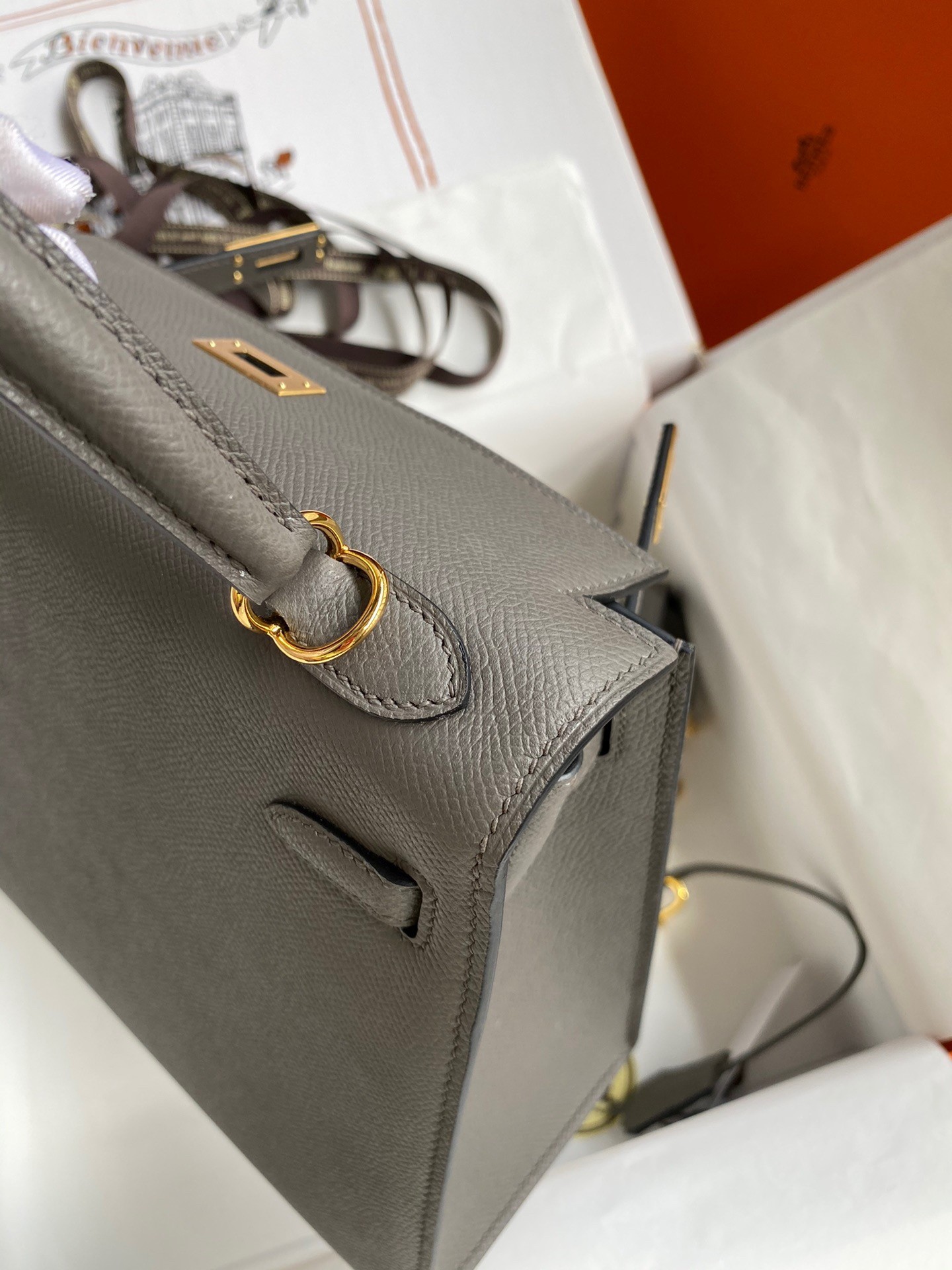 H**mes kelly sellier 28 handmade bag in etain epsom calfskin
