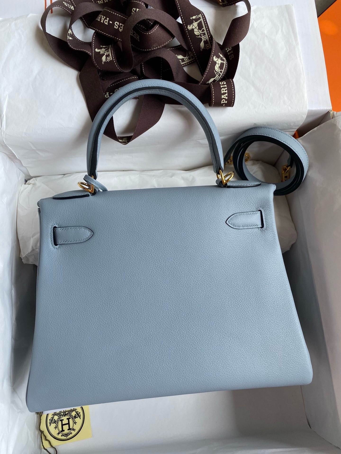 H**mes kelly retourne 28 handmade bag in blue lin evercolor calfskin