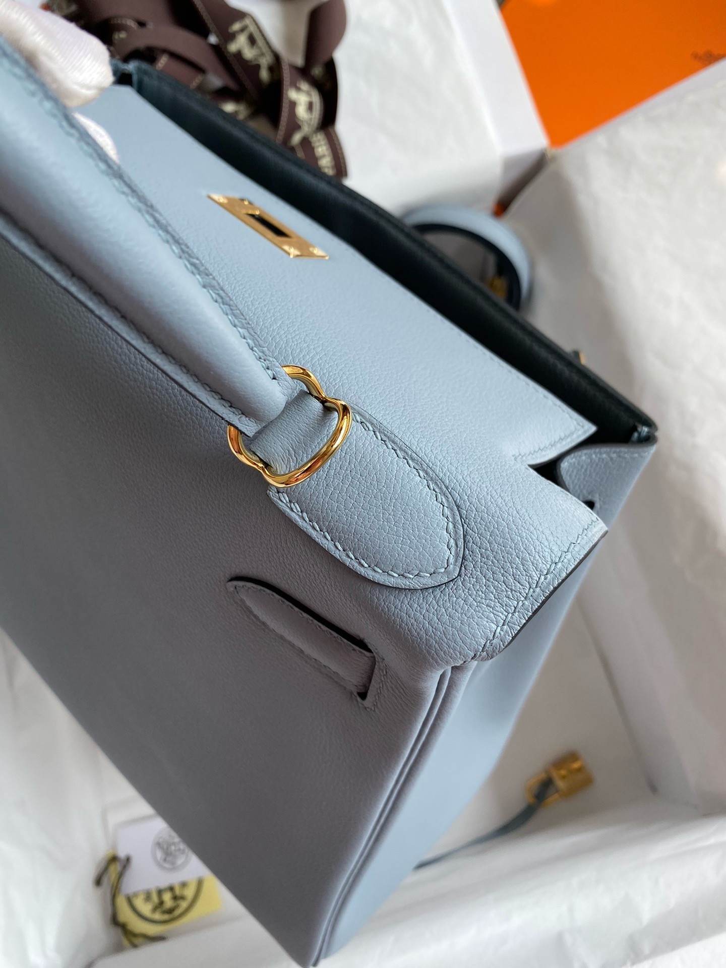 H**mes kelly retourne 28 handmade bag in blue lin evercolor calfskin