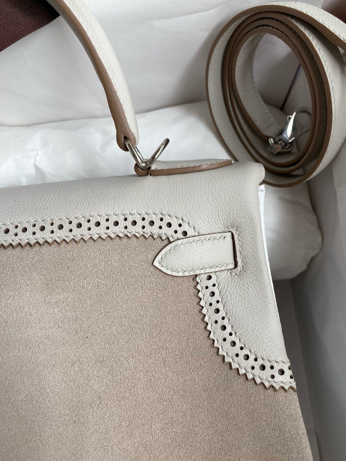 H**mes kelly 28 ghillies grizzly bag in pearl grey evercolor and grey veau doblis