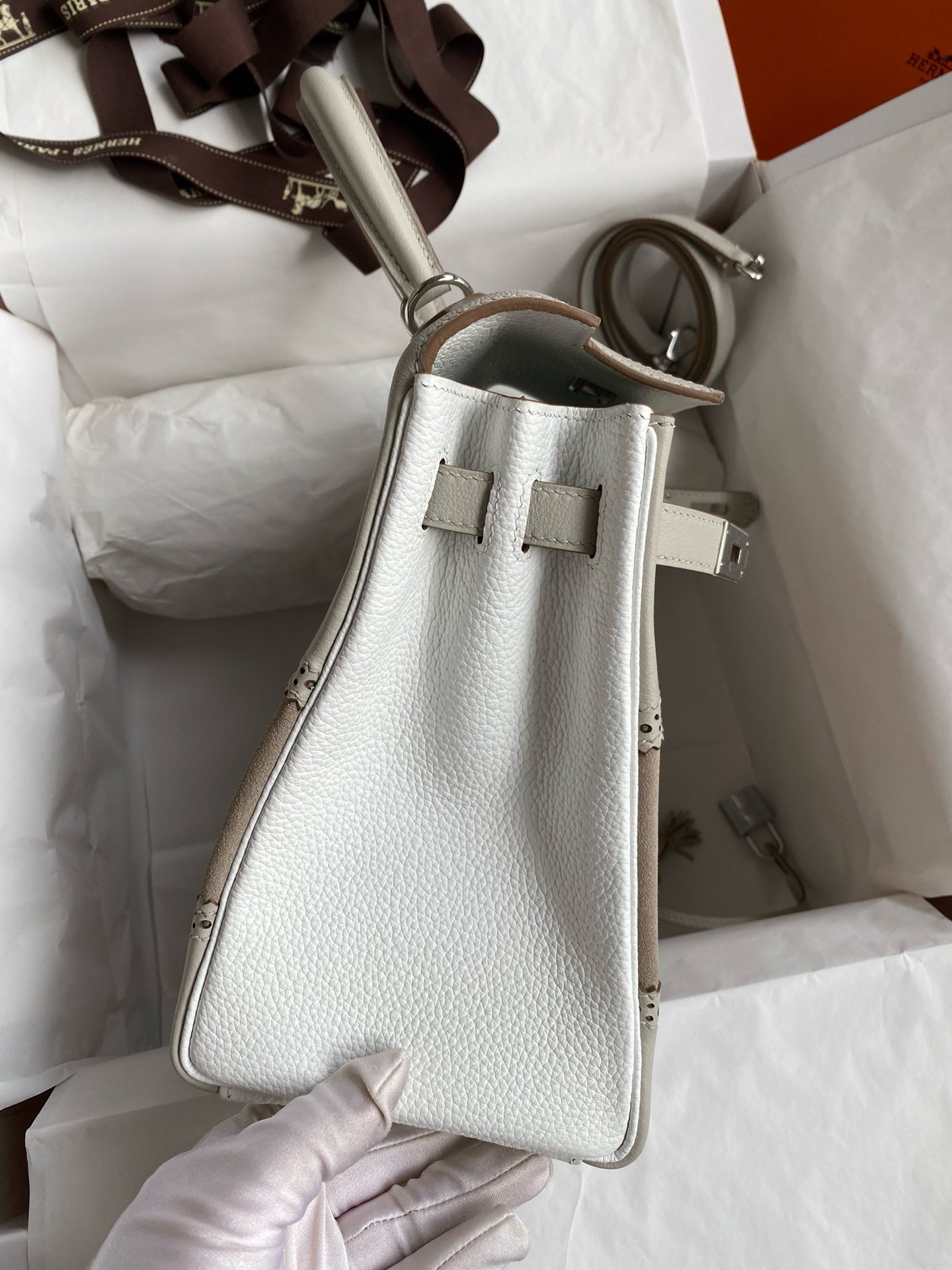 H**mes kelly 28 ghillies grizzly bag in pearl grey evercolor and grey veau doblis