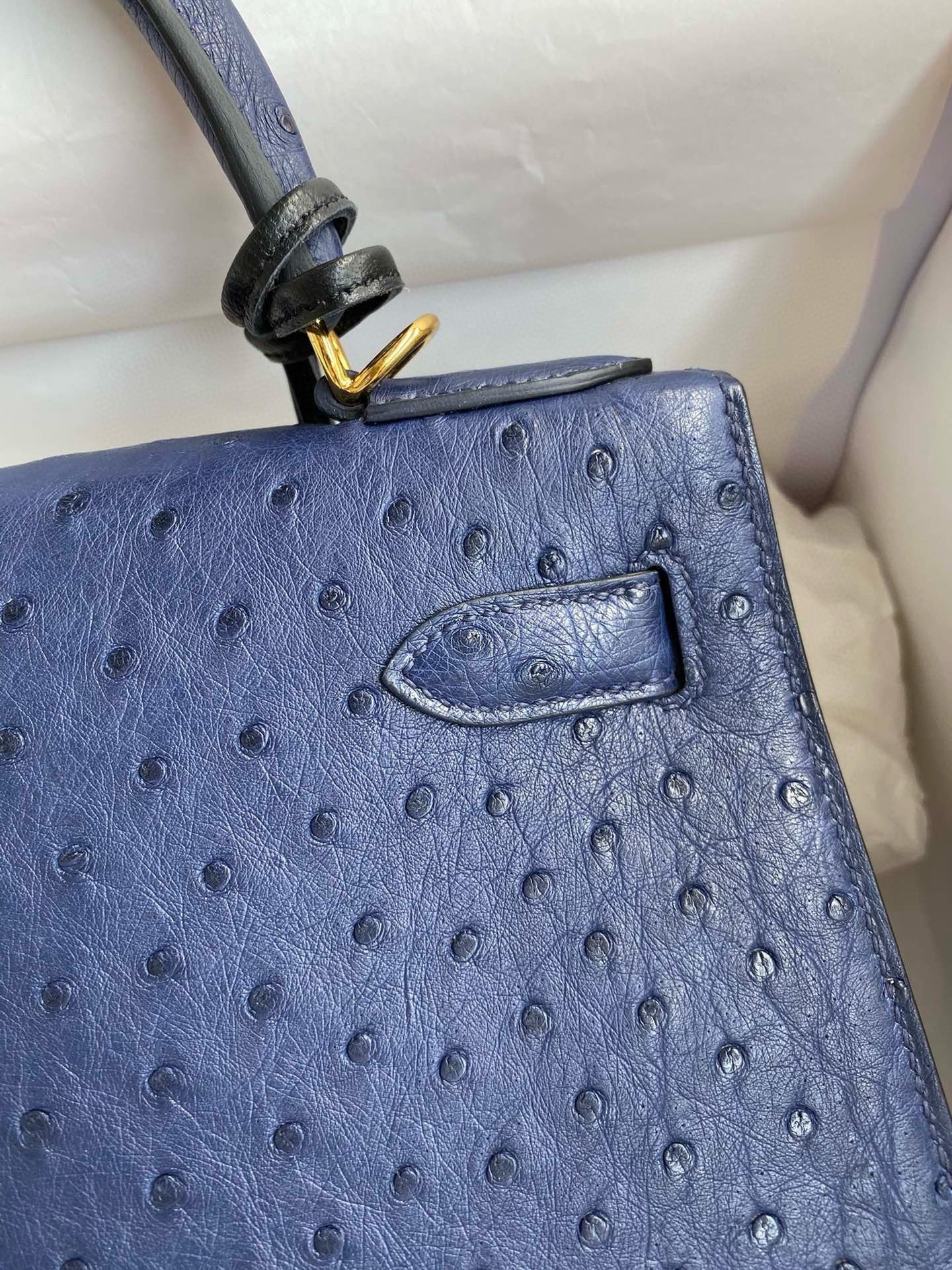 H**mes kelly sellier 28 handmade bag in blue iris ostrich leather