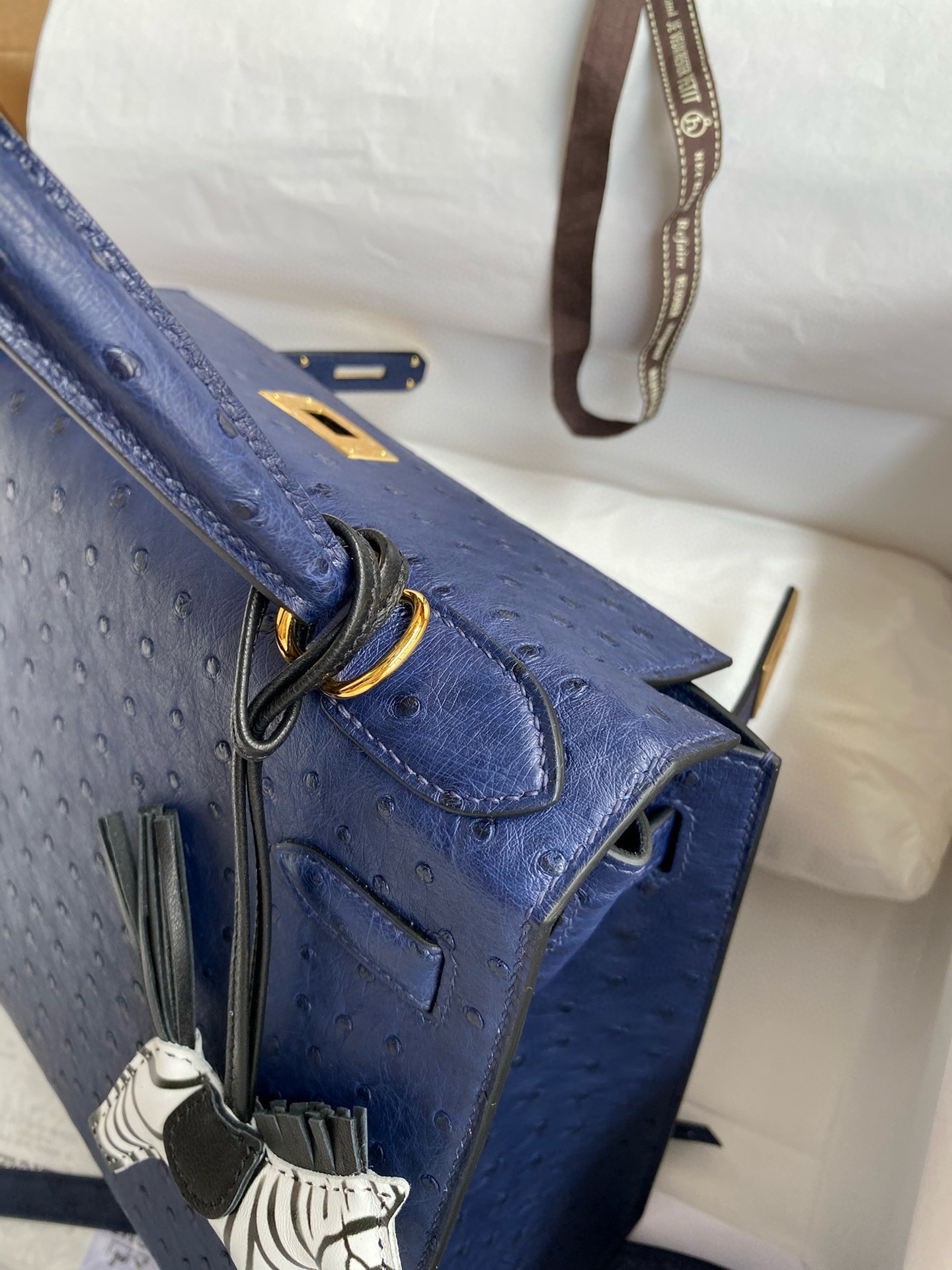 H**mes kelly sellier 28 handmade bag in blue iris ostrich leather