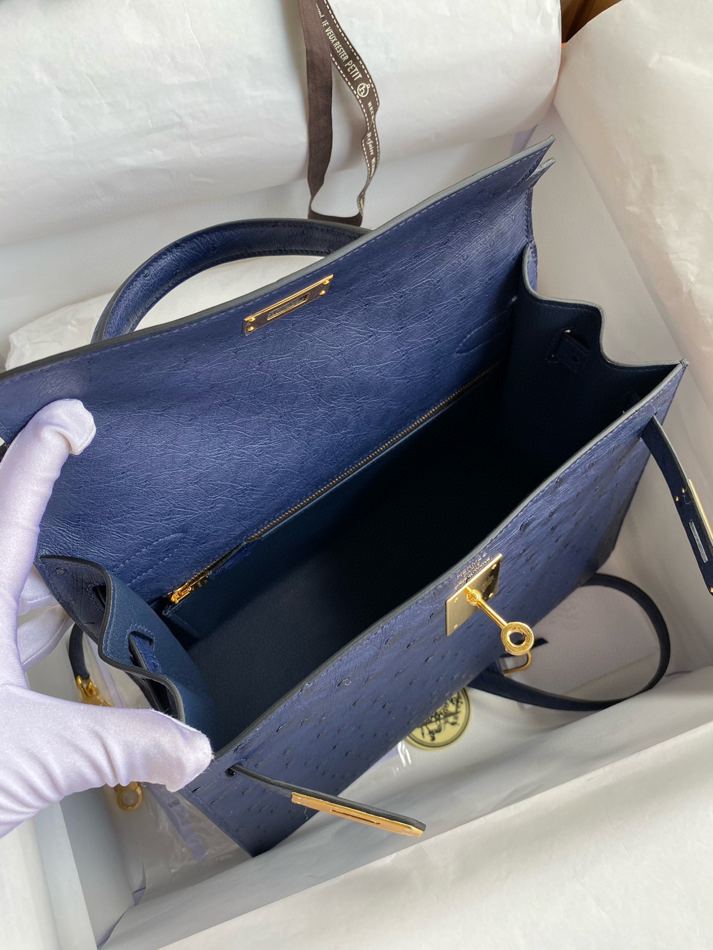 H**mes kelly sellier 28 handmade bag in blue iris ostrich leather