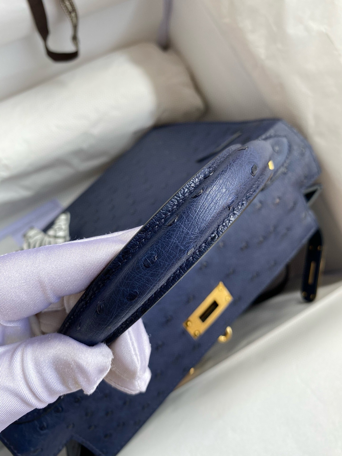 H**mes kelly sellier 28 handmade bag in blue iris ostrich leather