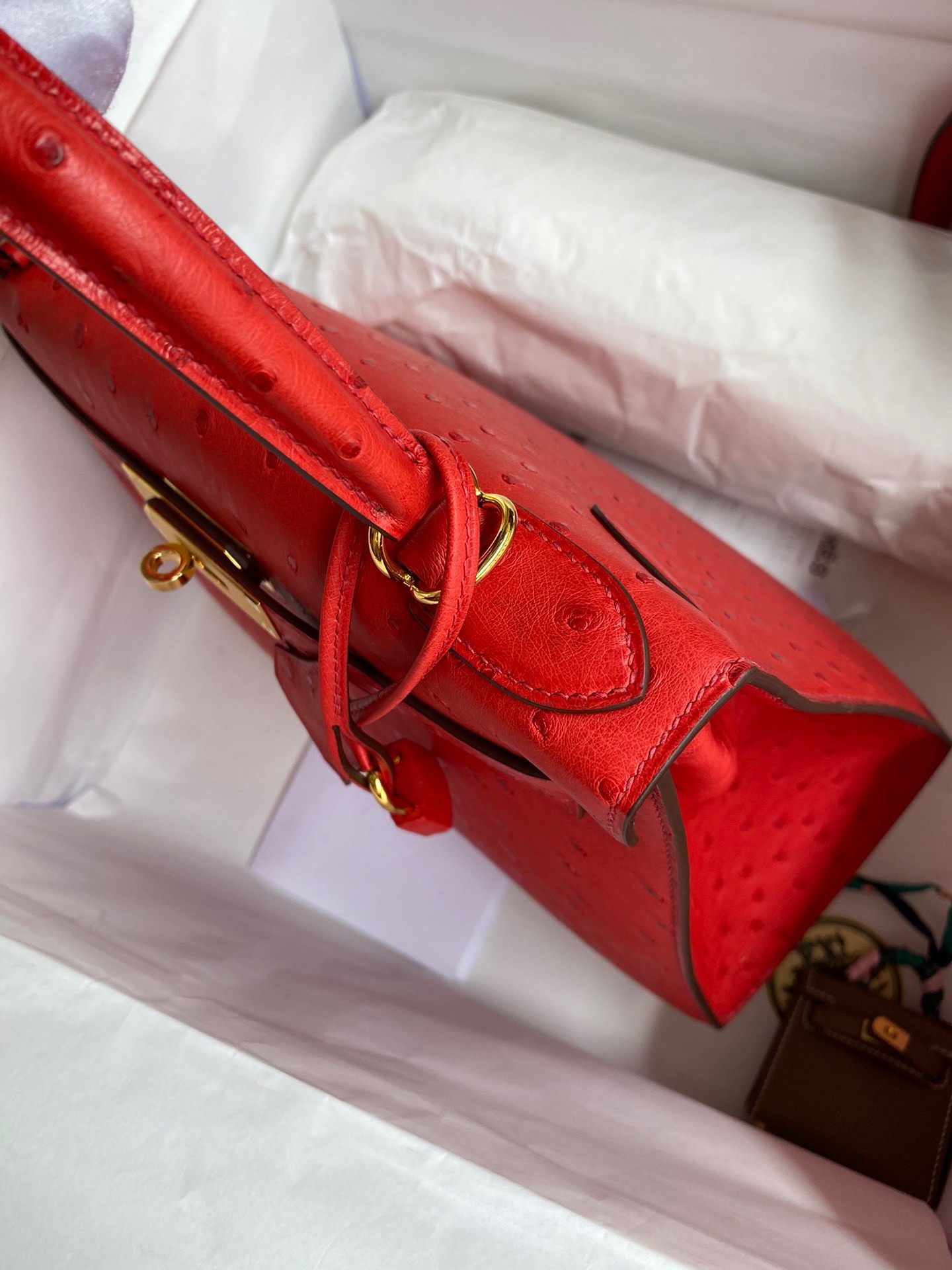 H**mes kelly sellier 28 handmade bag in red ostrich leather