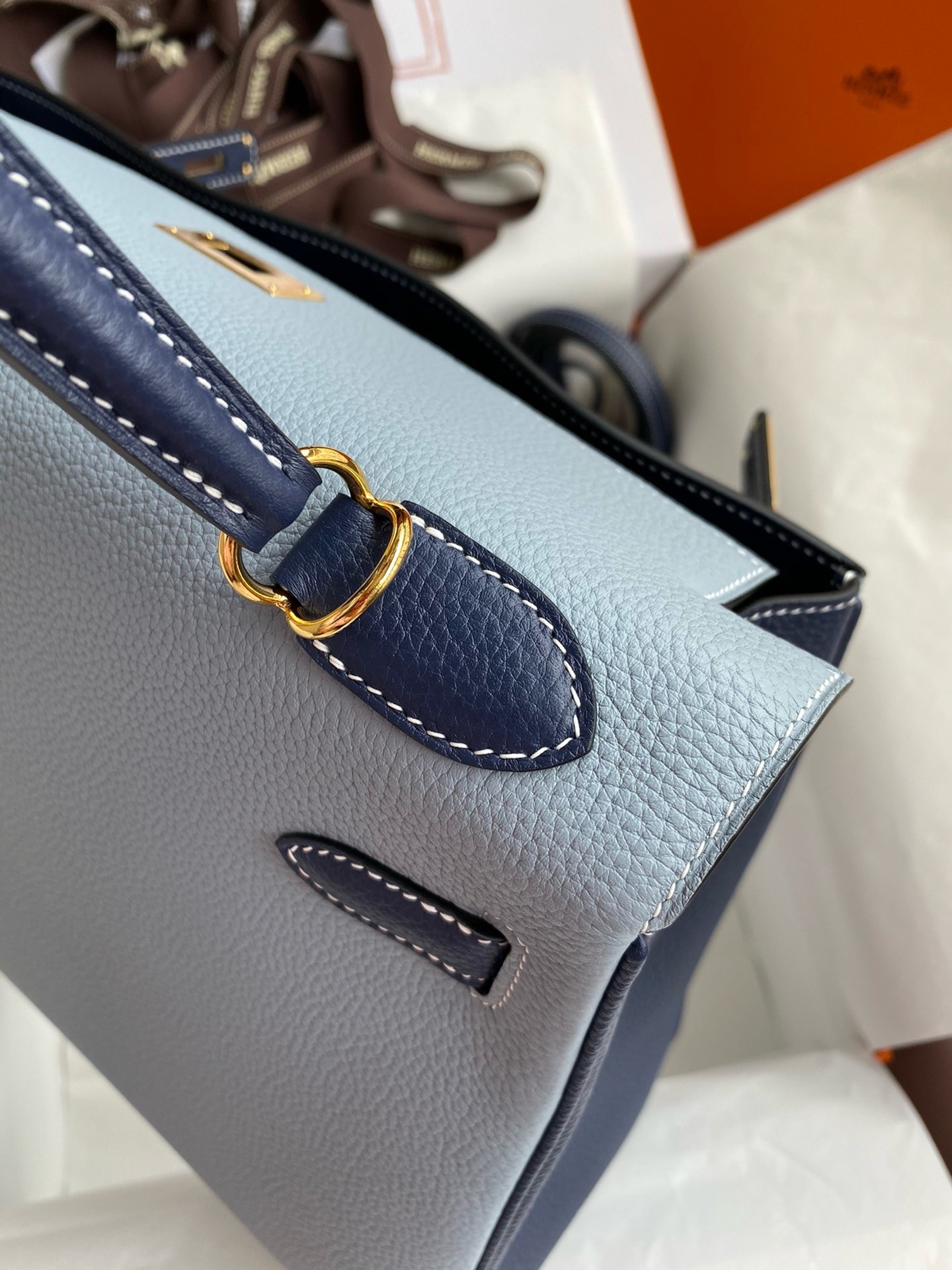 H**mes hss kelly 32 bicolor bag in blue lin and blue clemence leather