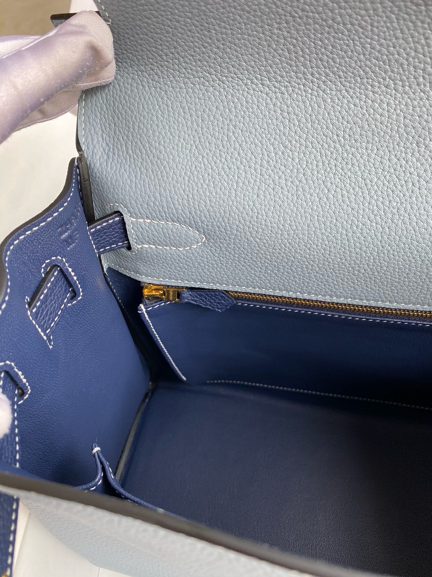H**mes hss kelly 32 bicolor bag in blue lin and blue clemence leather