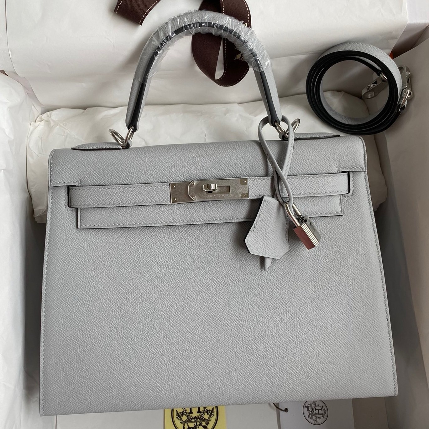 H**mes kelly sellier 32 handmade bag in blue glacier epsom calfskin