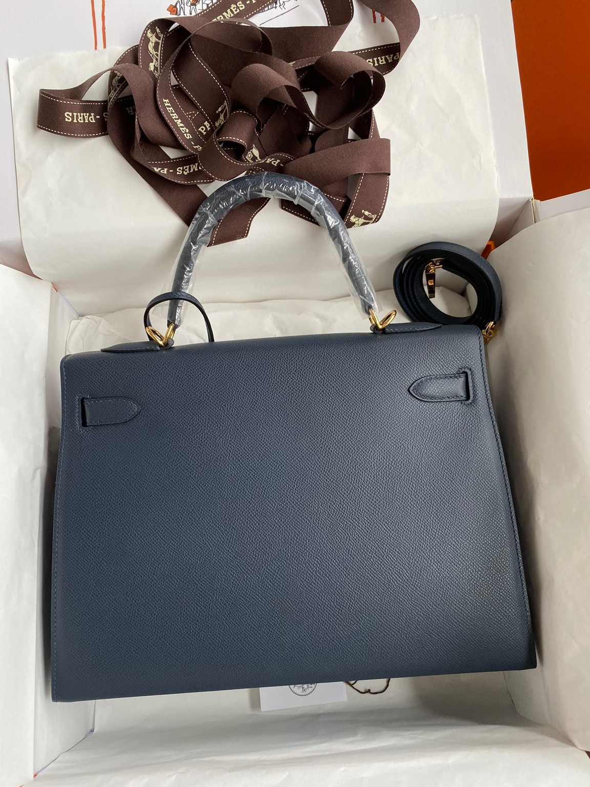 H**mes kelly sellier 32 handmade bag in blue indigo epsom calfskin