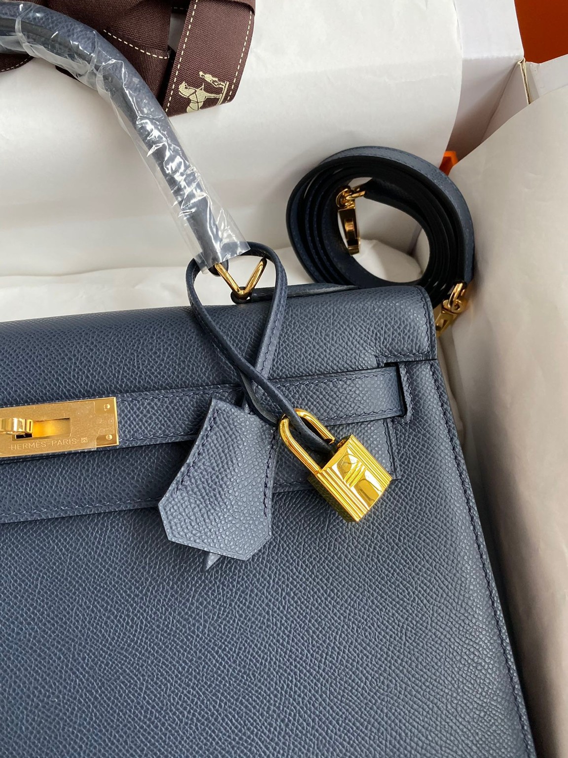 H**mes kelly sellier 32 handmade bag in blue indigo epsom calfskin