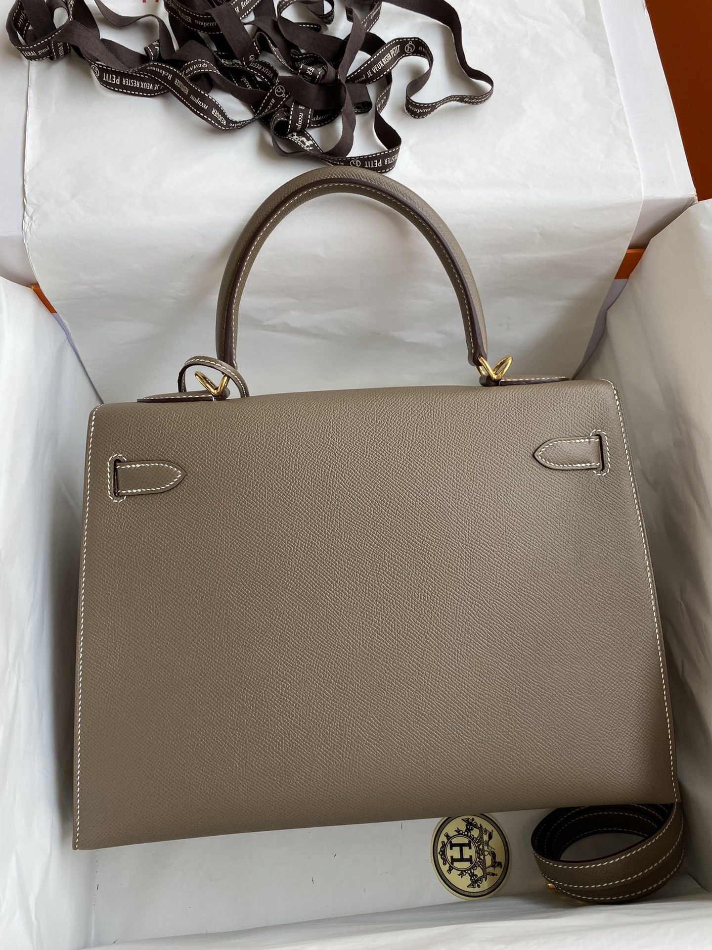 H**mes kelly sellier 32 handmade bag in taupe epsom calfskin