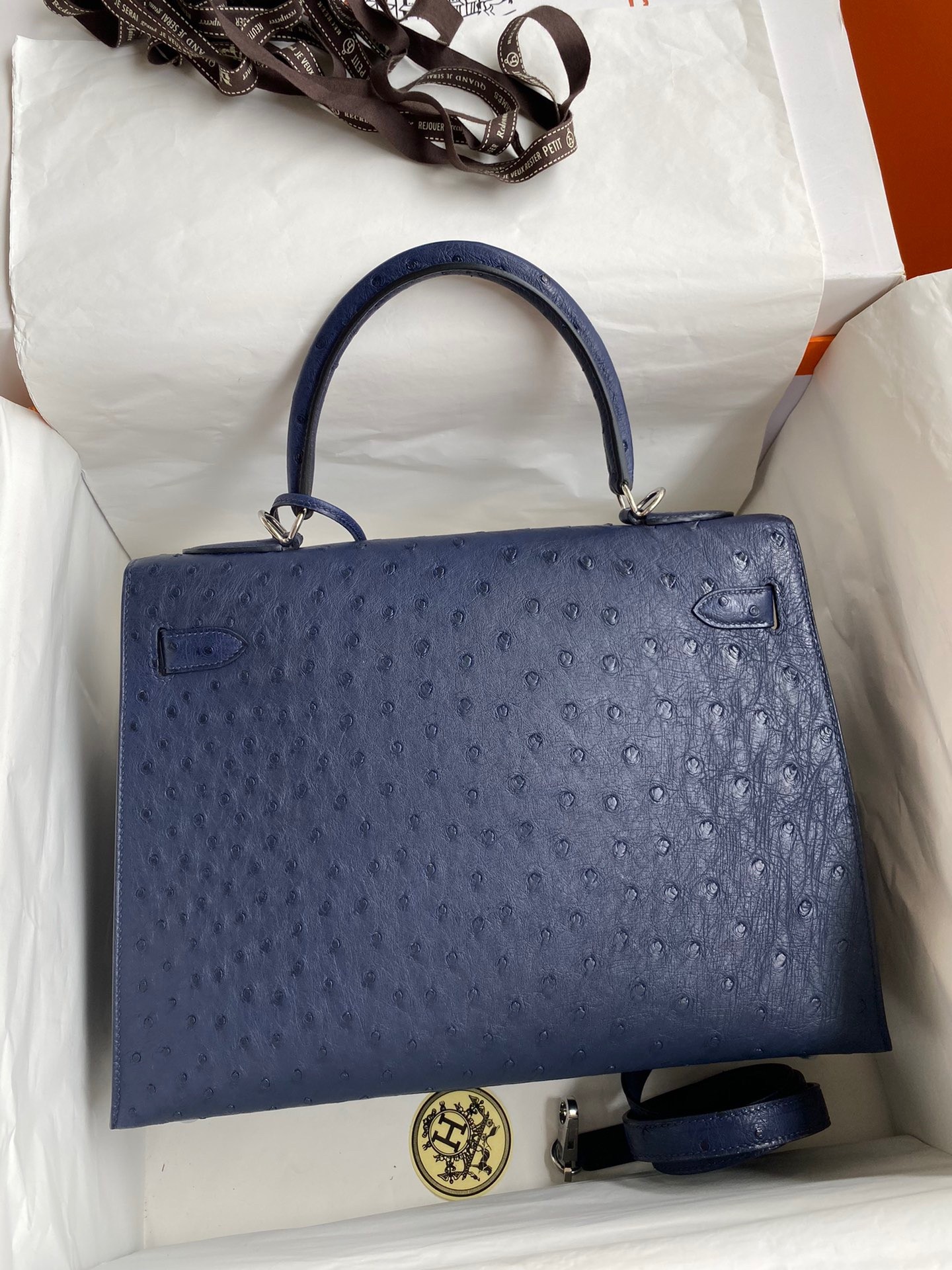 H**mes kelly sellier 32 handmade bag in blue iris ostrich leather