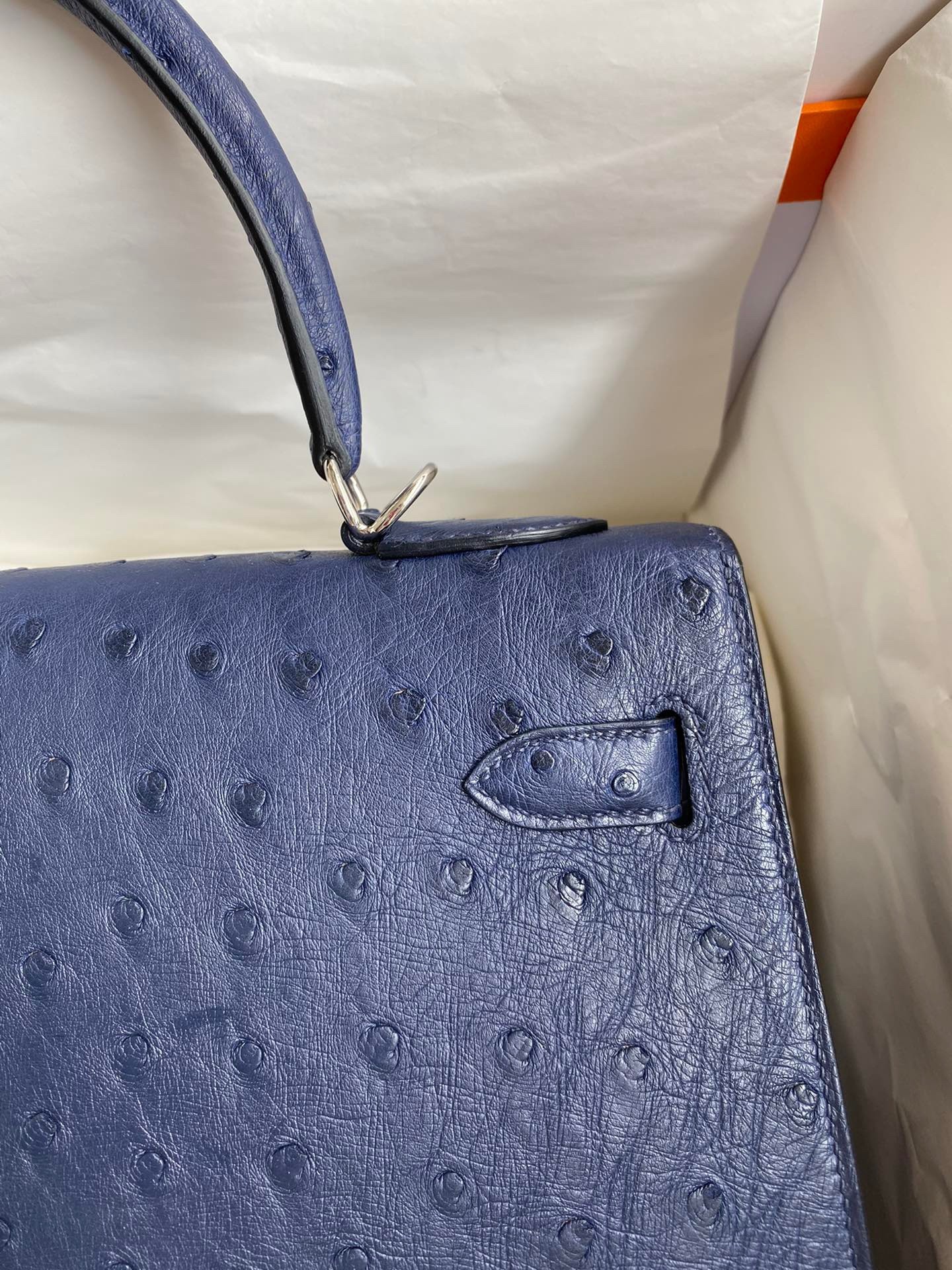H**mes kelly sellier 32 handmade bag in blue iris ostrich leather