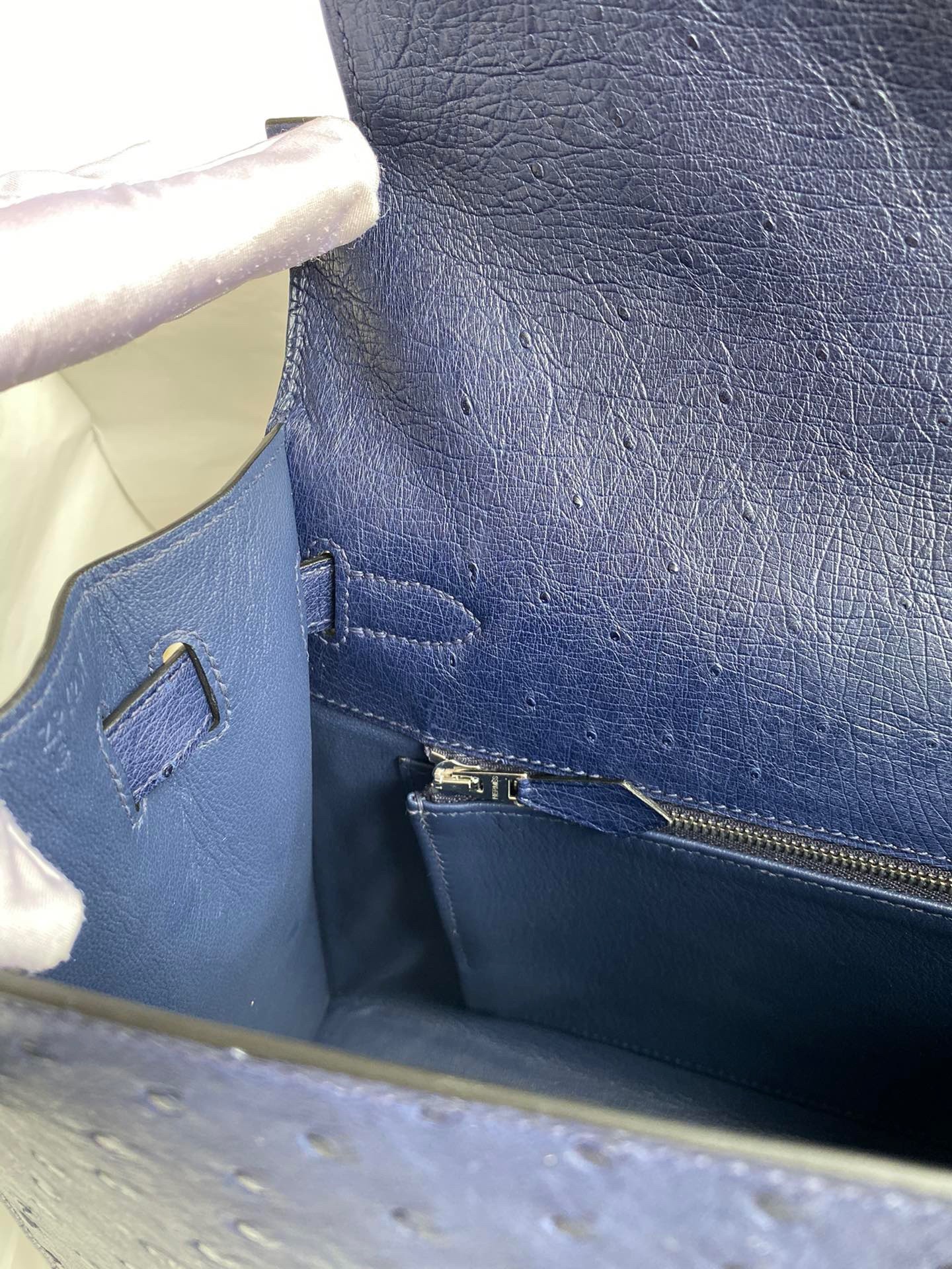 H**mes kelly sellier 32 handmade bag in blue iris ostrich leather