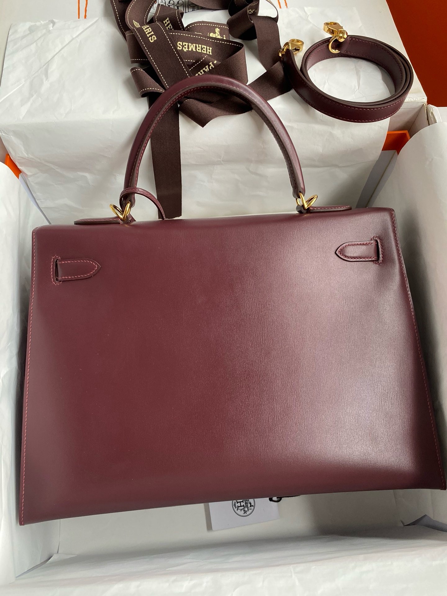 H**mes kelly sellier 35 handmade bag in bordeaux box calfskin