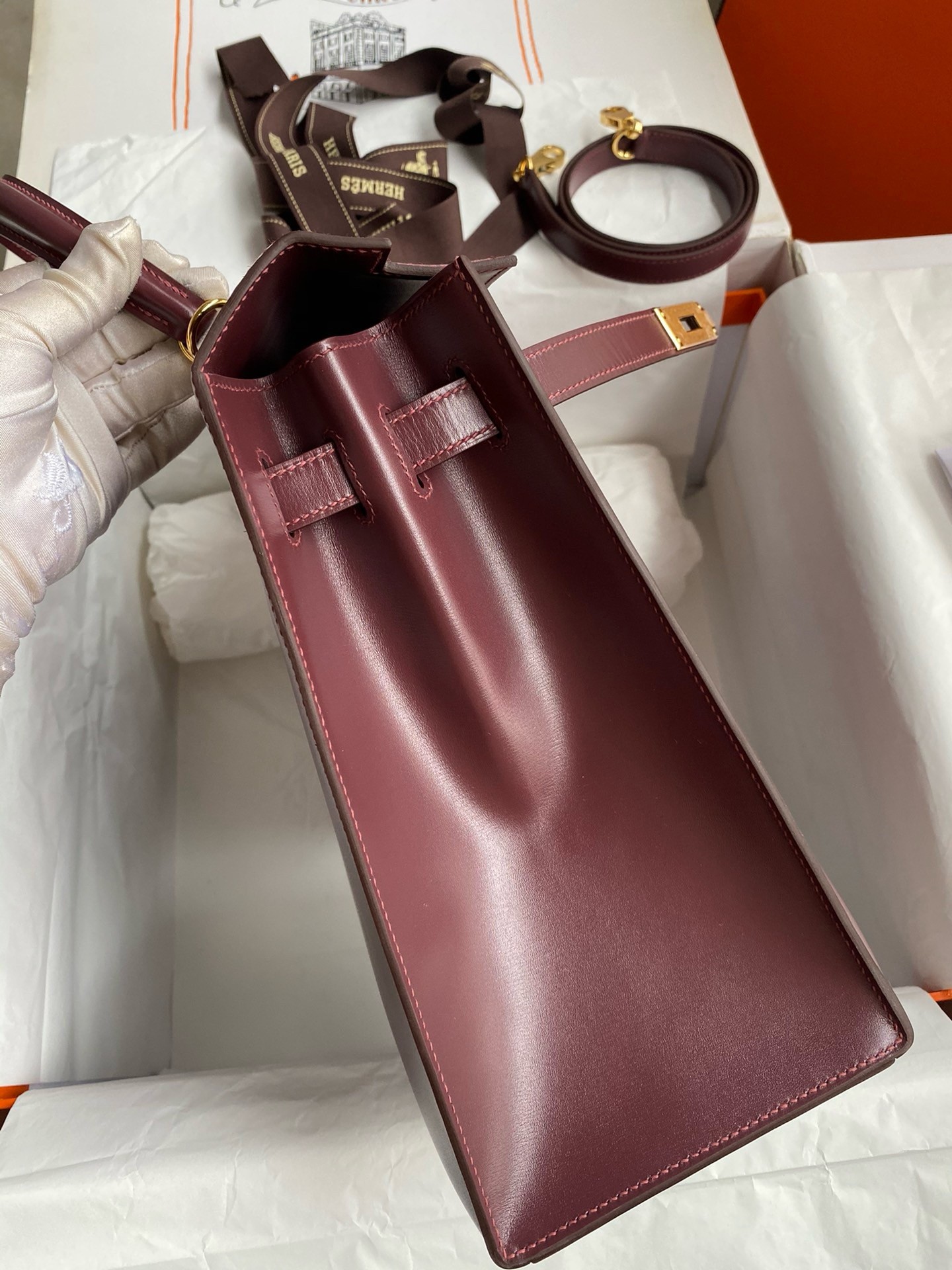 H**mes kelly sellier 35 handmade bag in bordeaux box calfskin