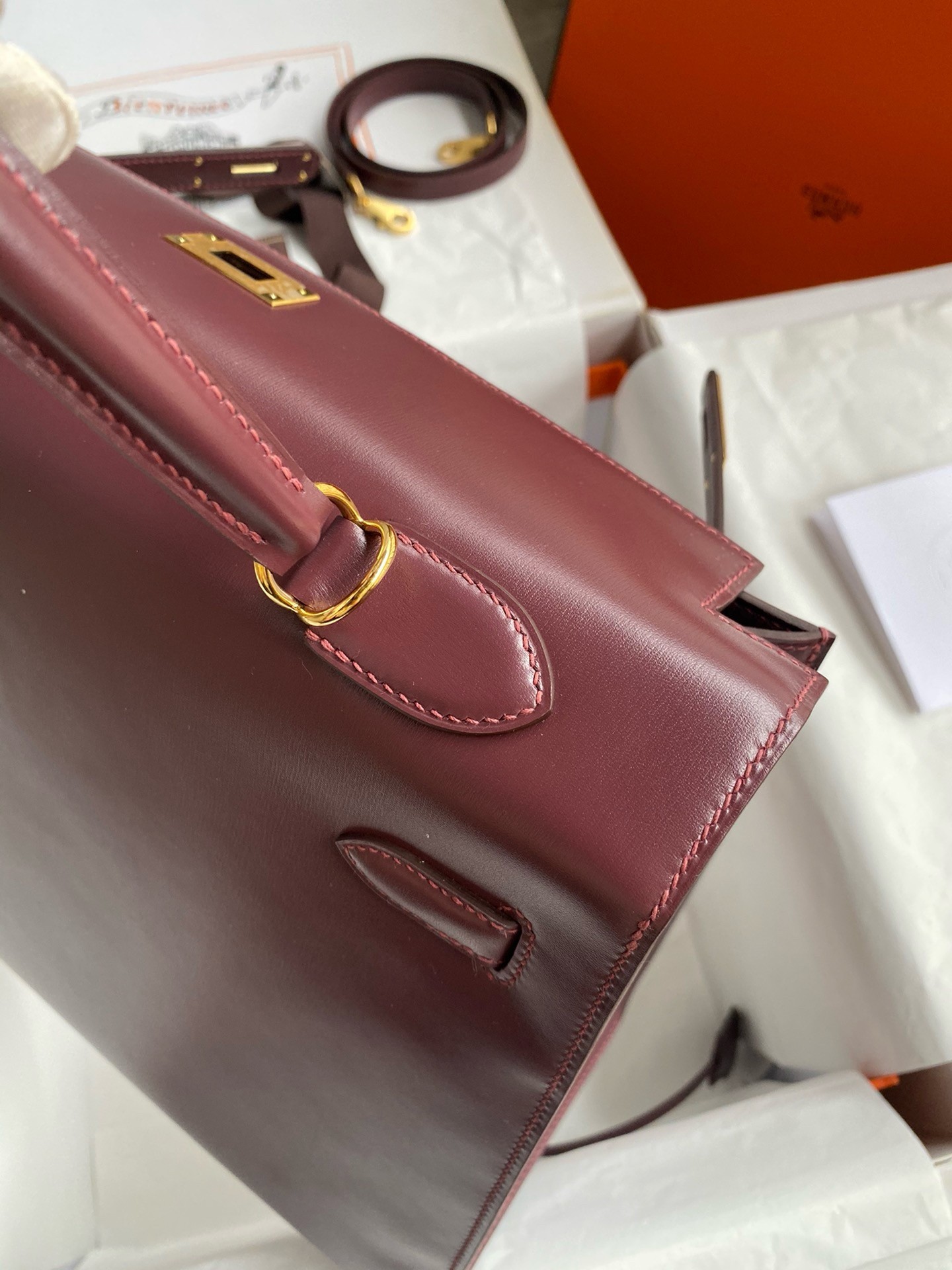 H**mes kelly sellier 35 handmade bag in bordeaux box calfskin