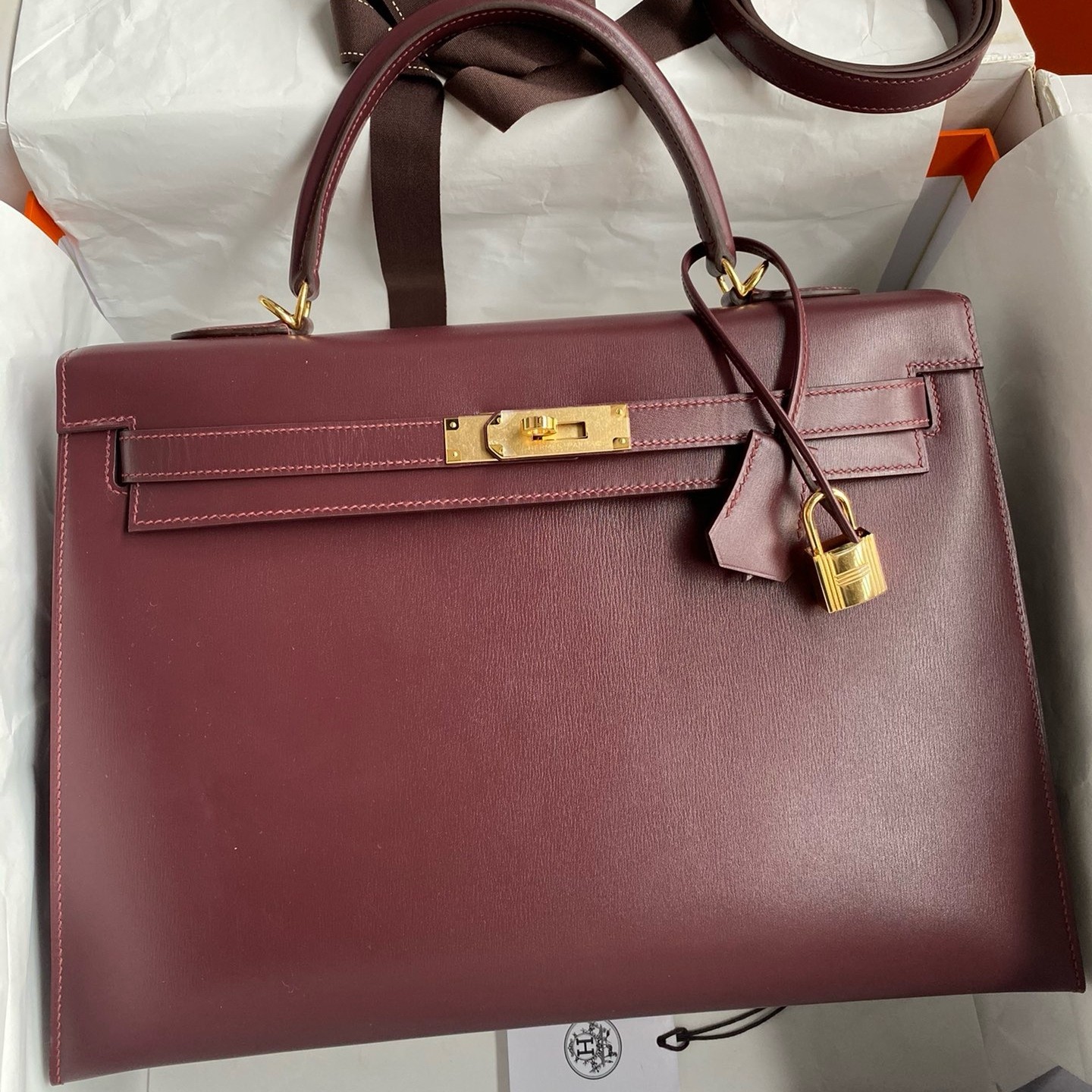H**mes kelly sellier 35 handmade bag in bordeaux box calfskin