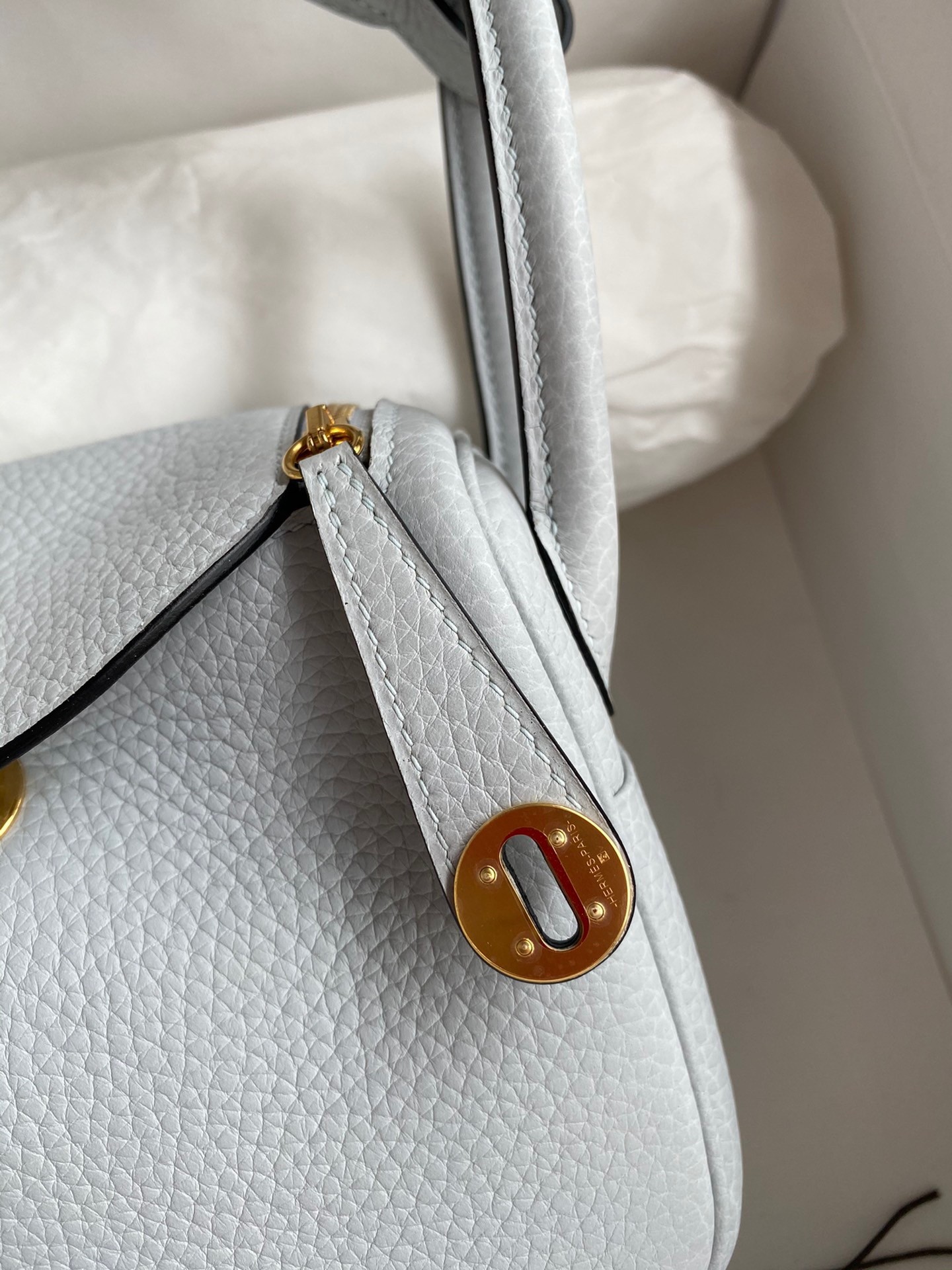H**mes mini lindy handmade bag in blue brume clemence leather